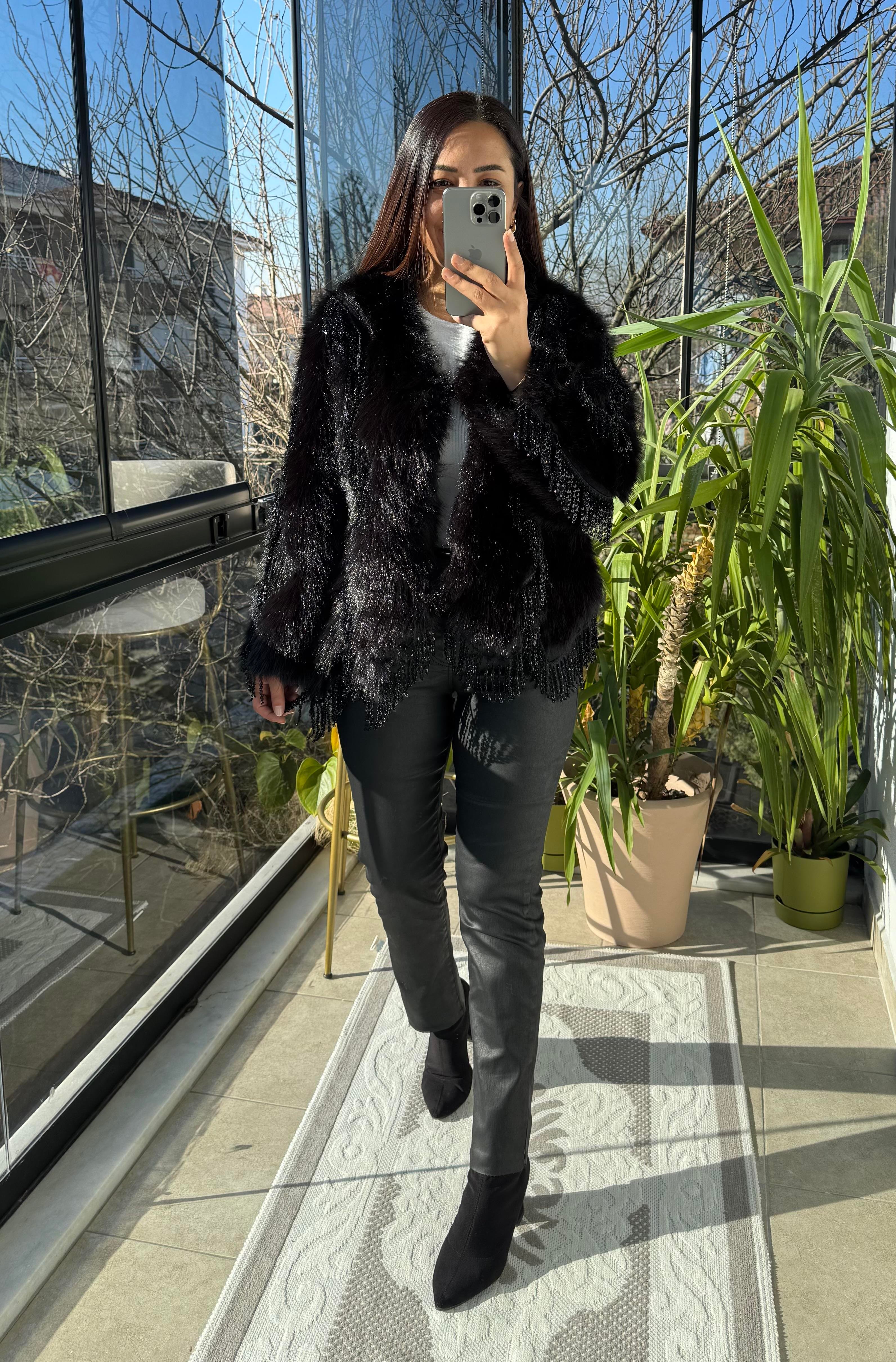 İthal Sallantılı Payetli Kürklü Siyah