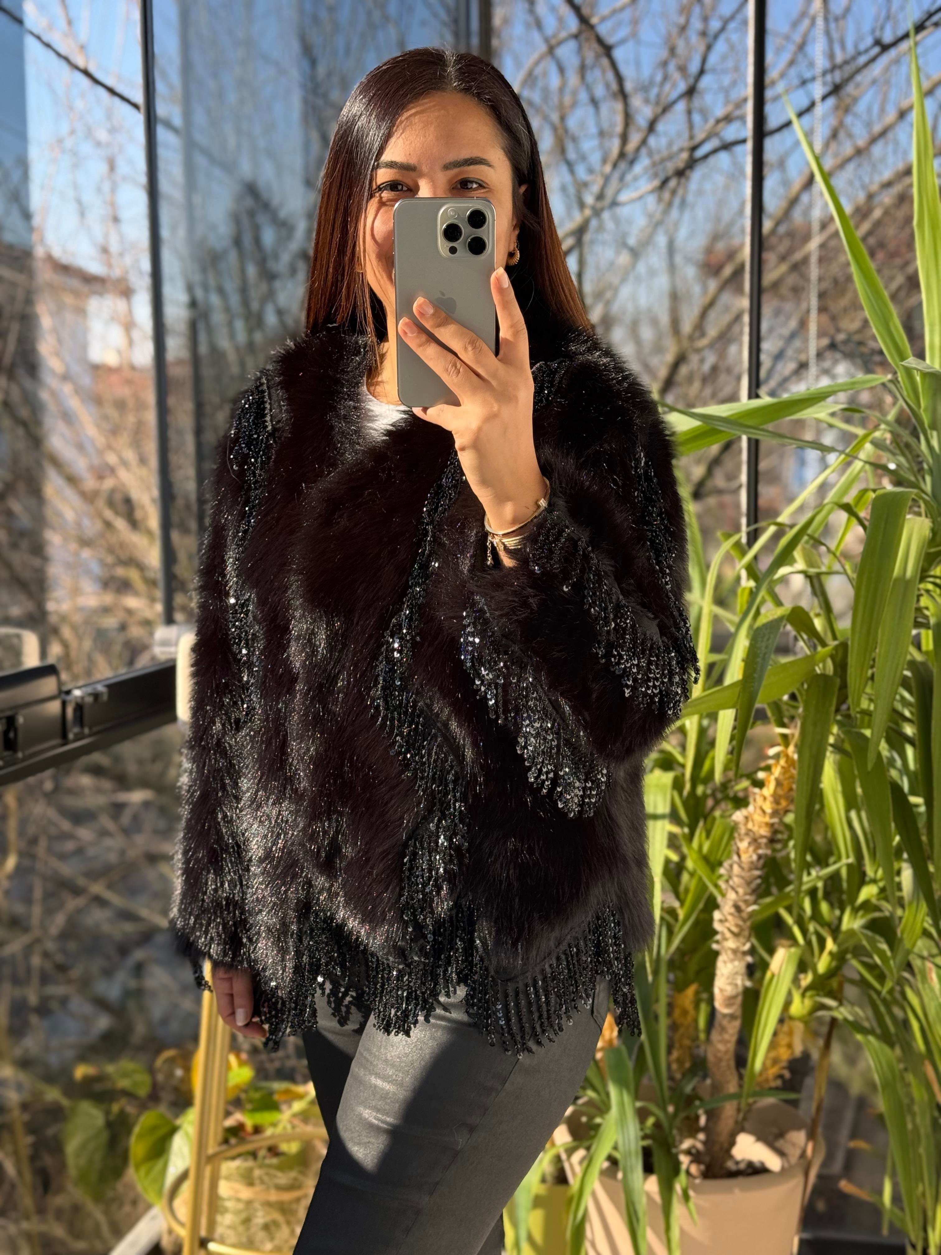 İthal Sallantılı Payetli Kürklü Siyah