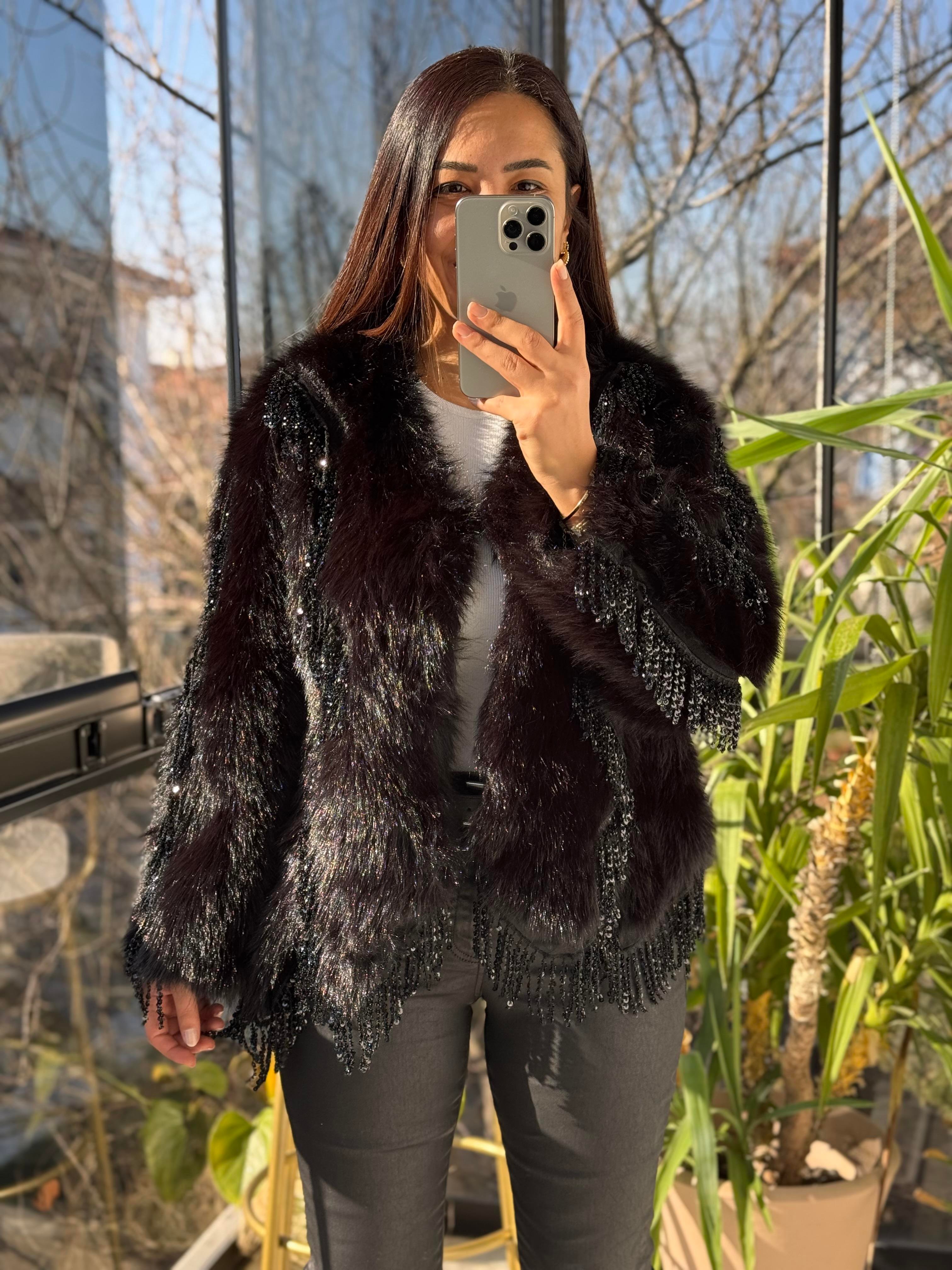 İthal Sallantılı Payetli Kürklü Siyah