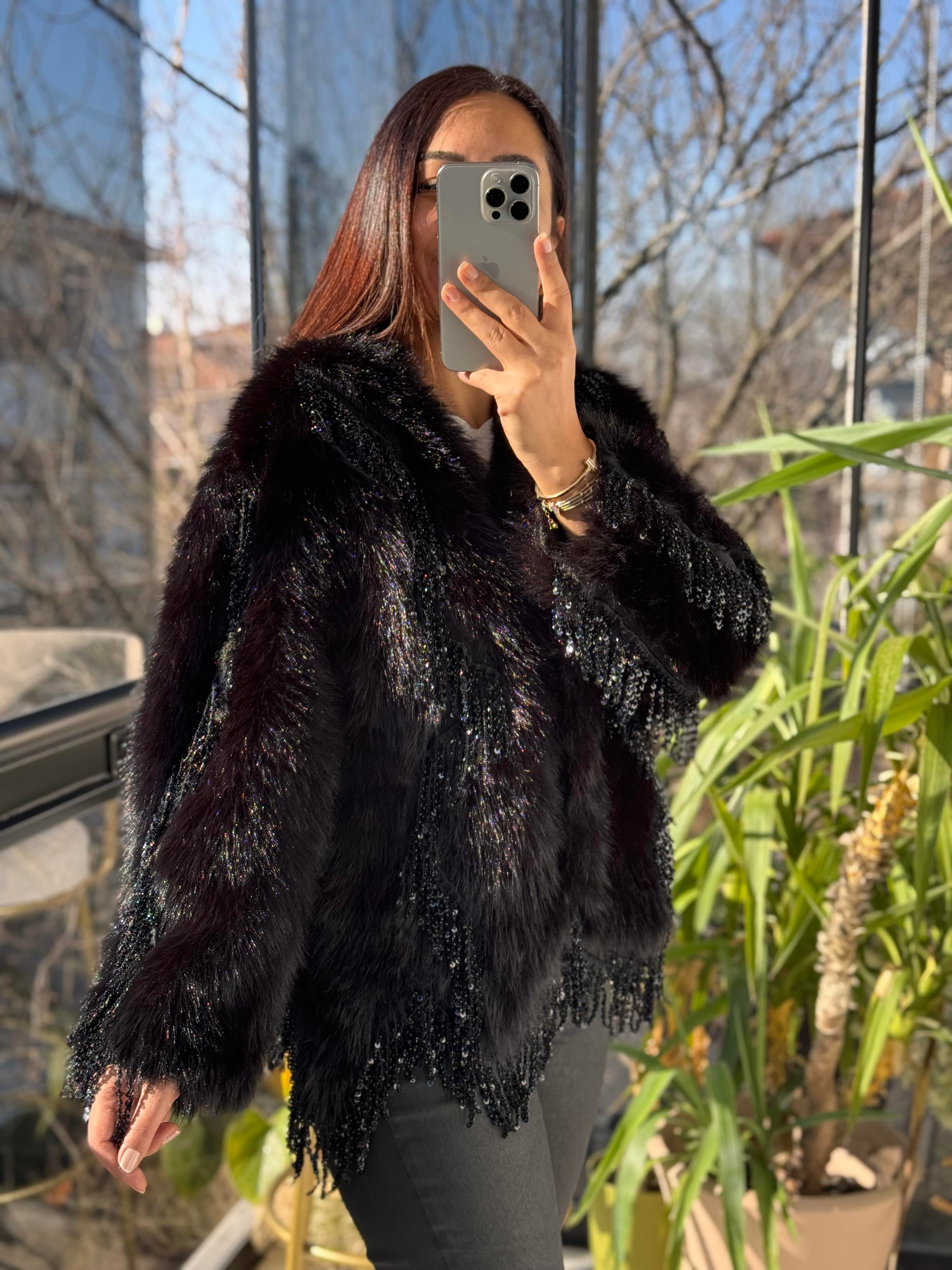 İthal Sallantılı Payetli Kürklü Siyah