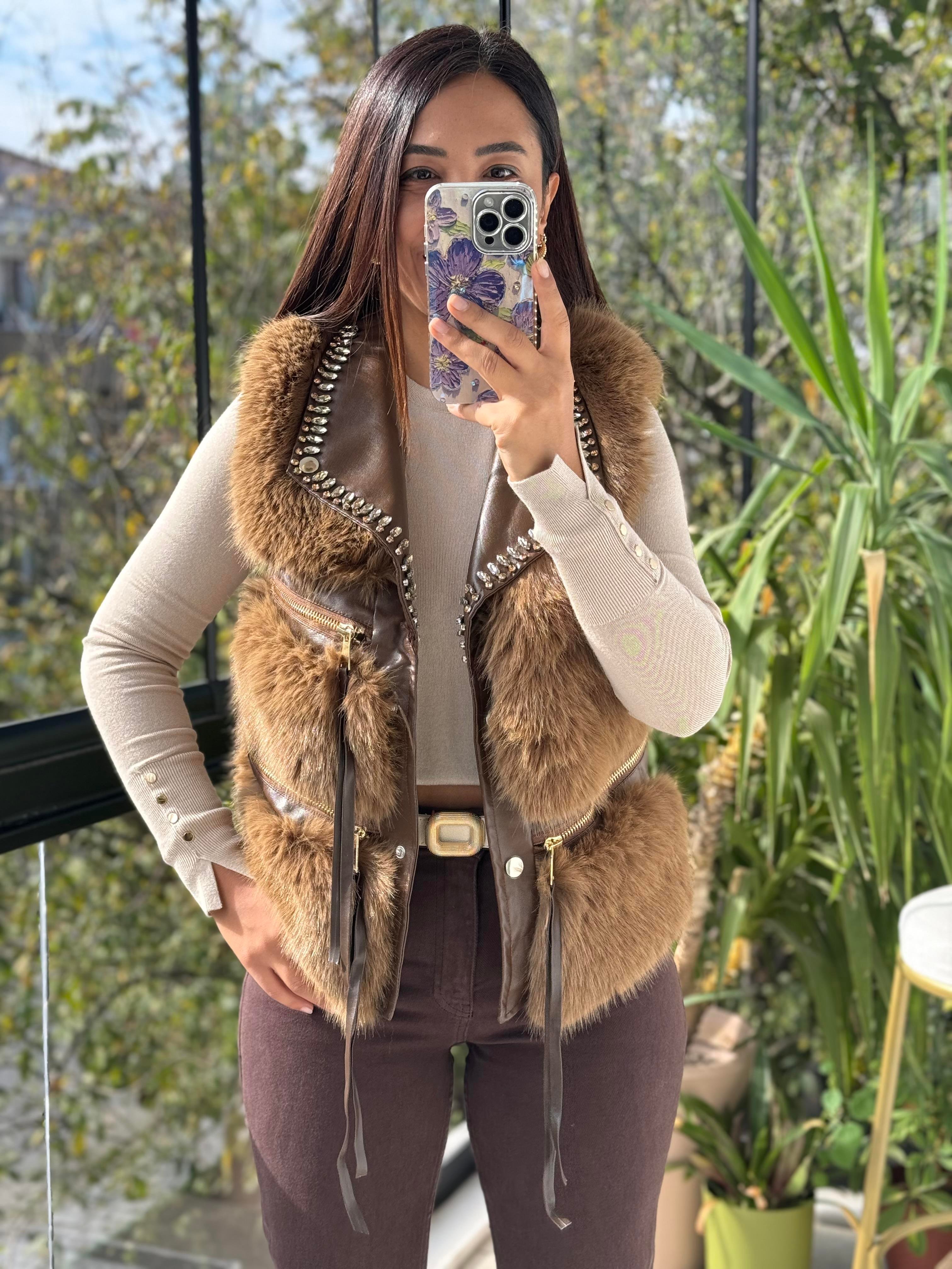 İthal Taşlı fermuarlı Kürklü Yelek Kahve