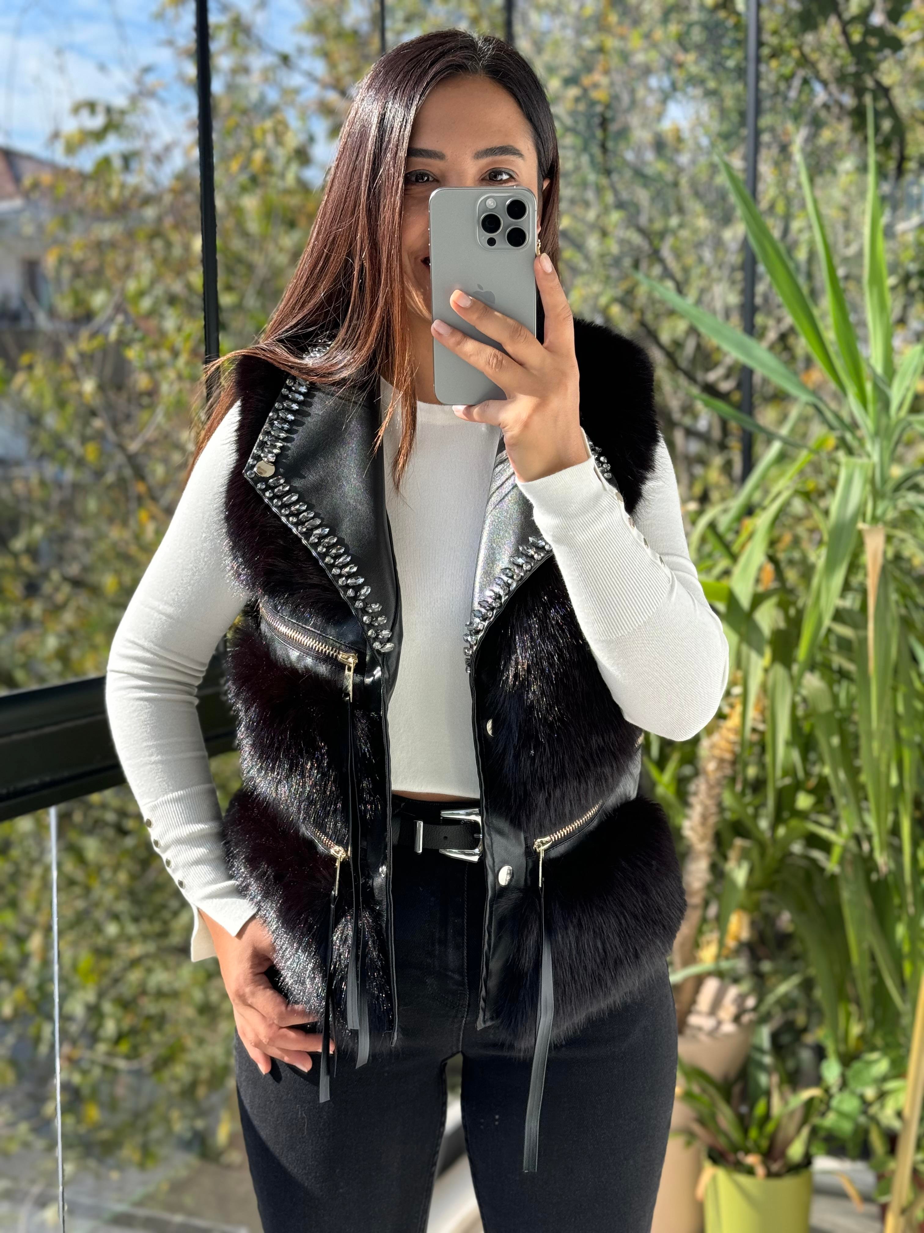 İthal Taşlı fermuarlı Kürklü Yelek Siyah