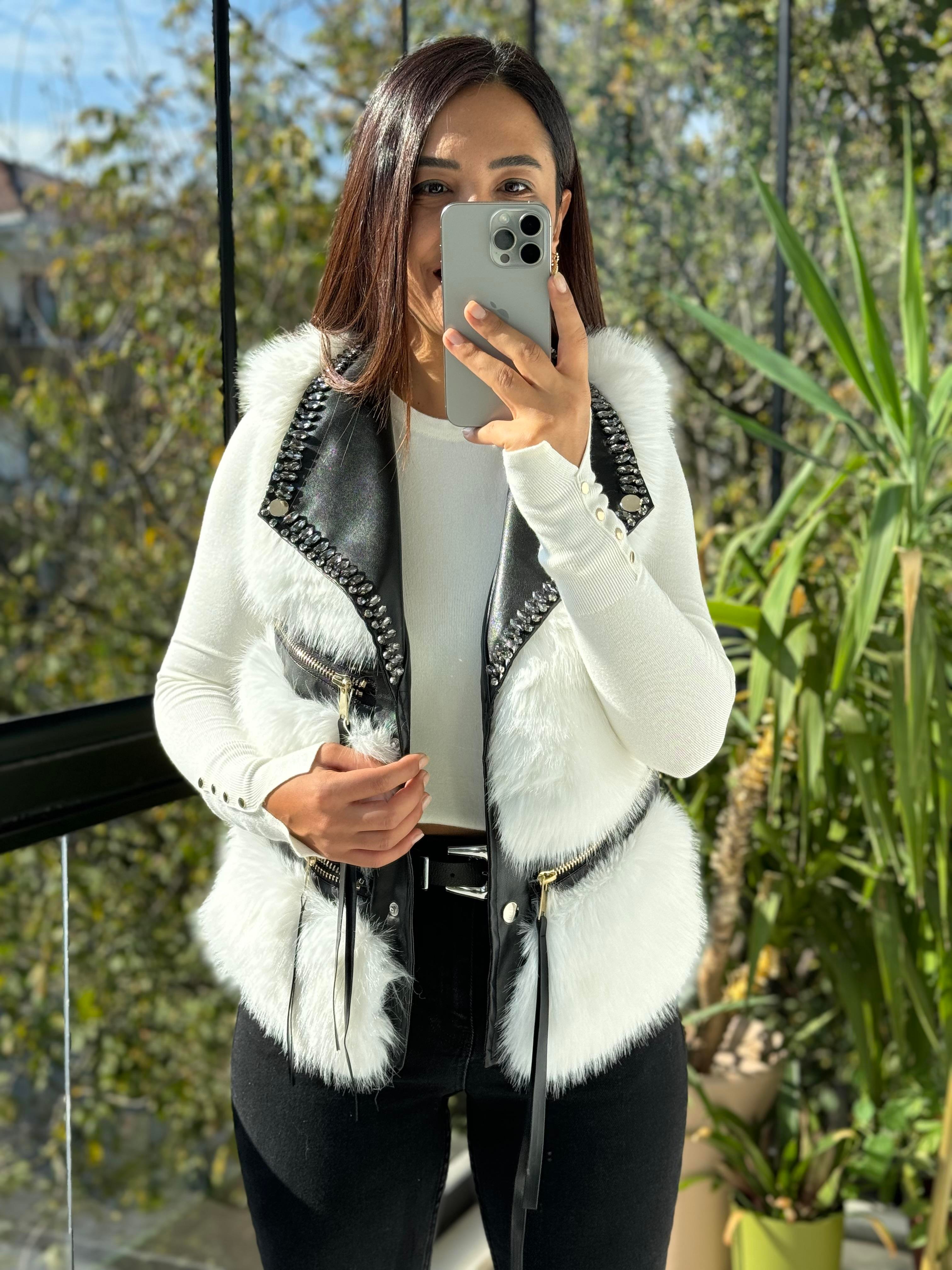 İthal Taşlı fermuarlı Kürklü Yelek Siyah-Beyaz