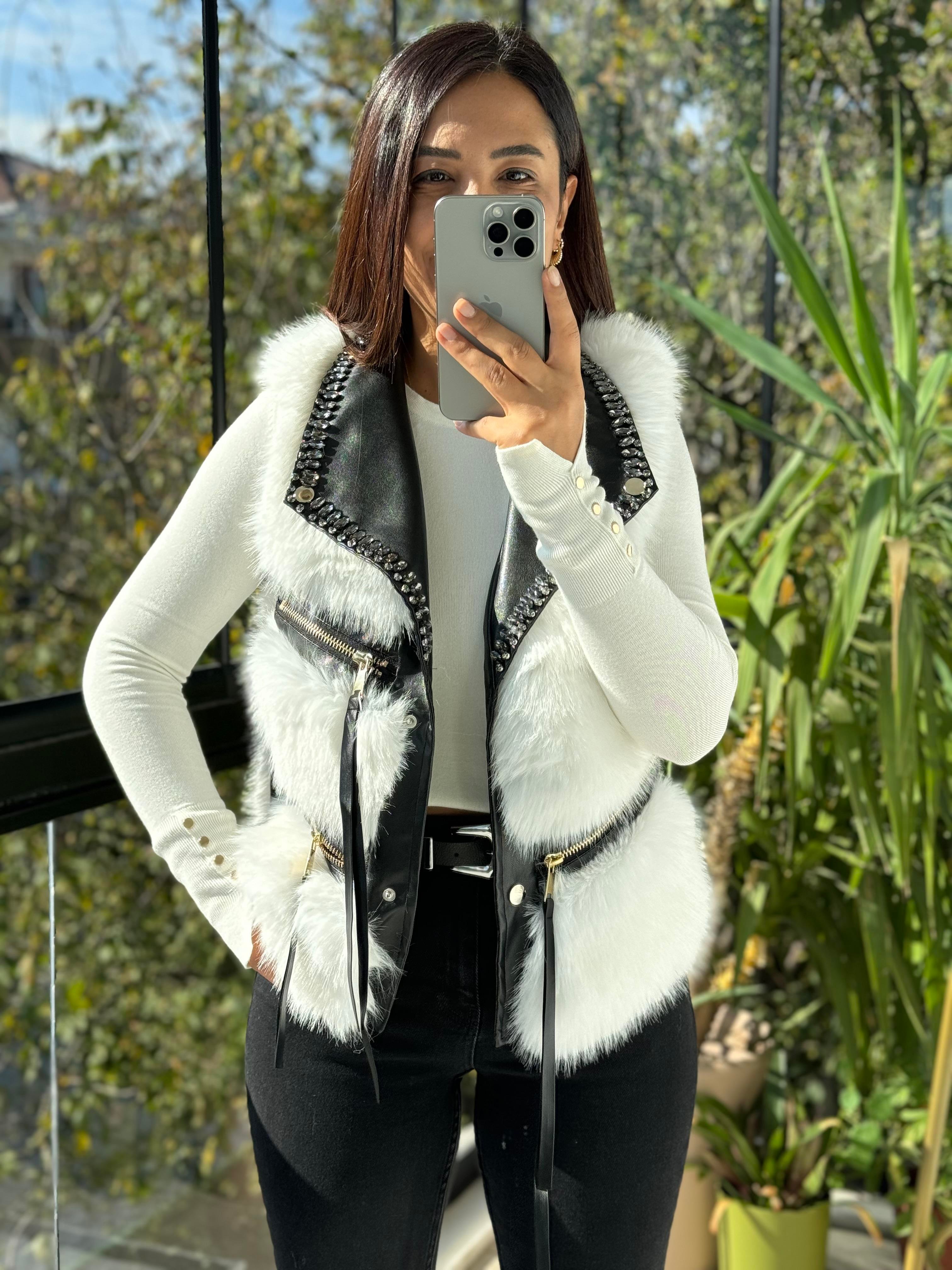 İthal Taşlı fermuarlı Kürklü Yelek Siyah-Beyaz