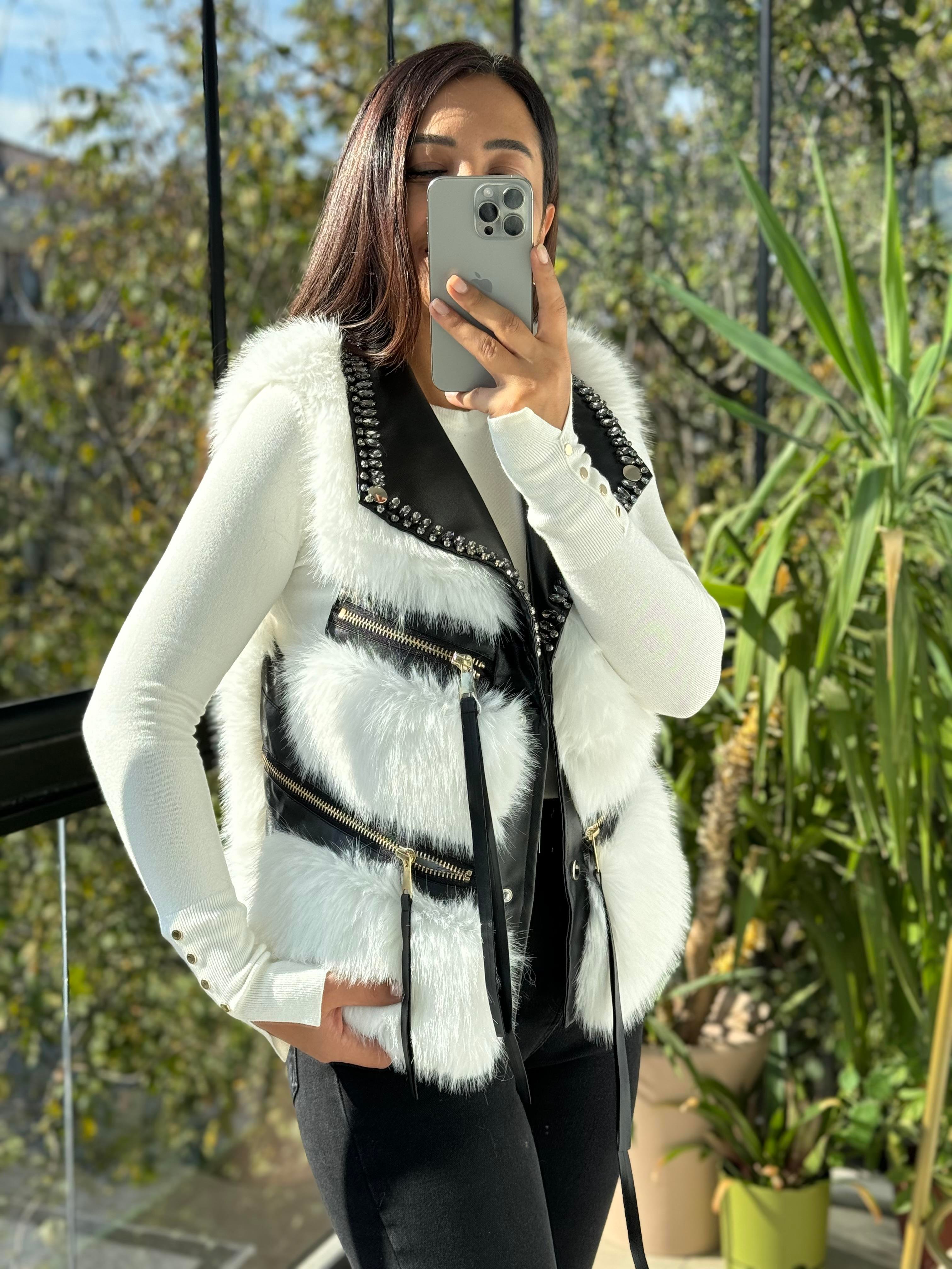 İthal Taşlı fermuarlı Kürklü Yelek Siyah-Beyaz