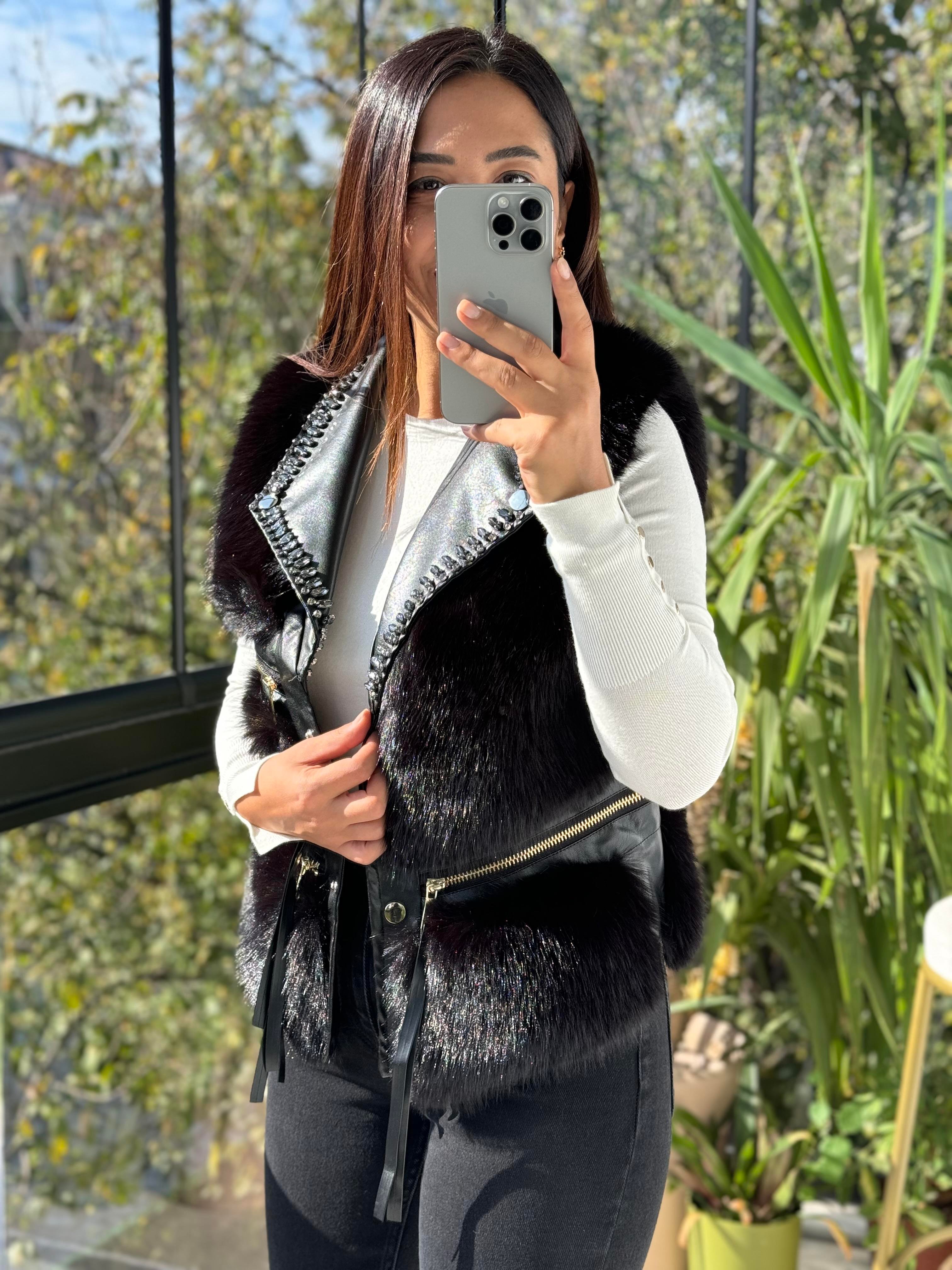 İthal Taşlı fermuarlı Kürklü Yelek Siyah