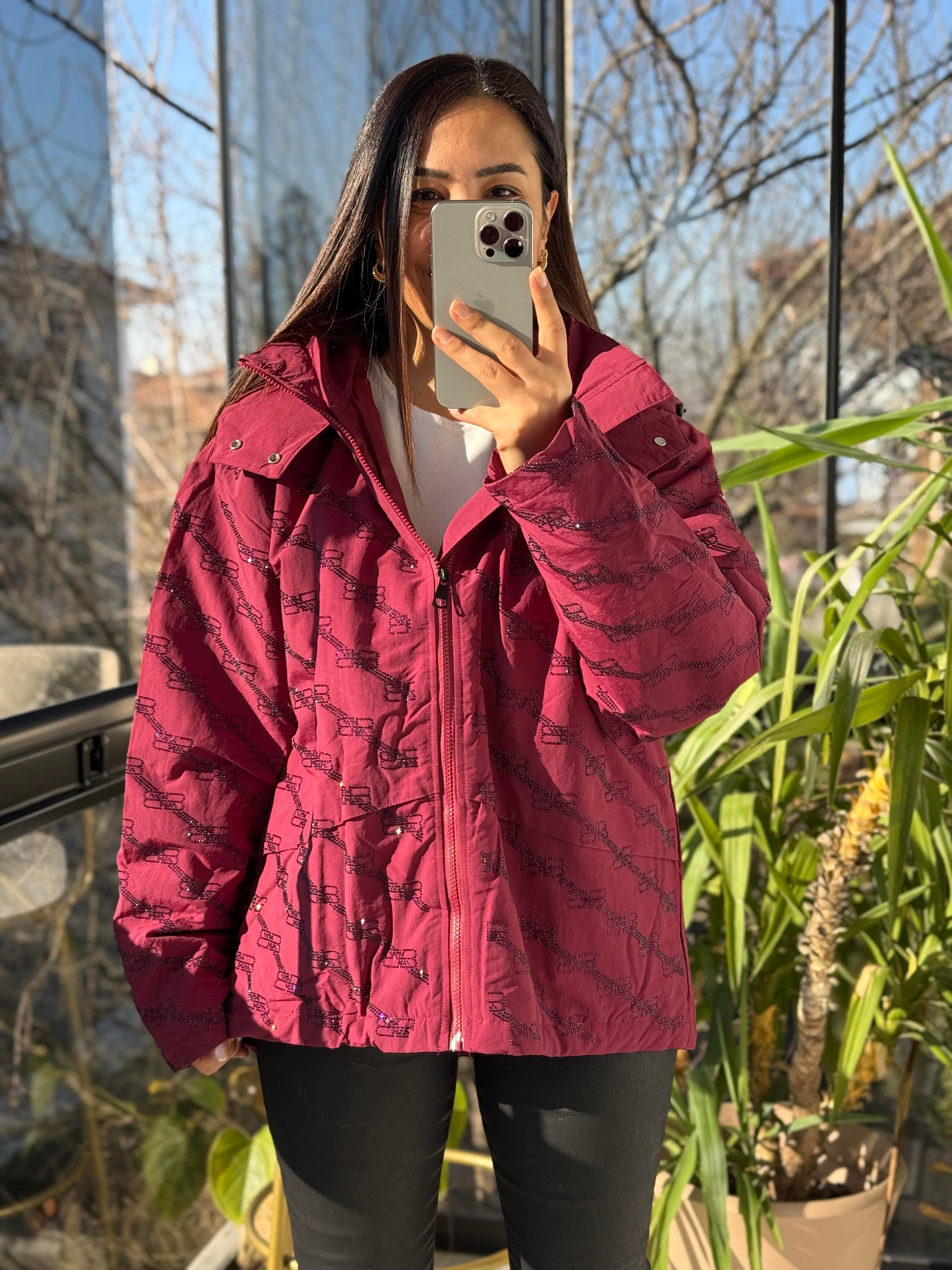 İthal Taşlı Şişme Mont Bordo