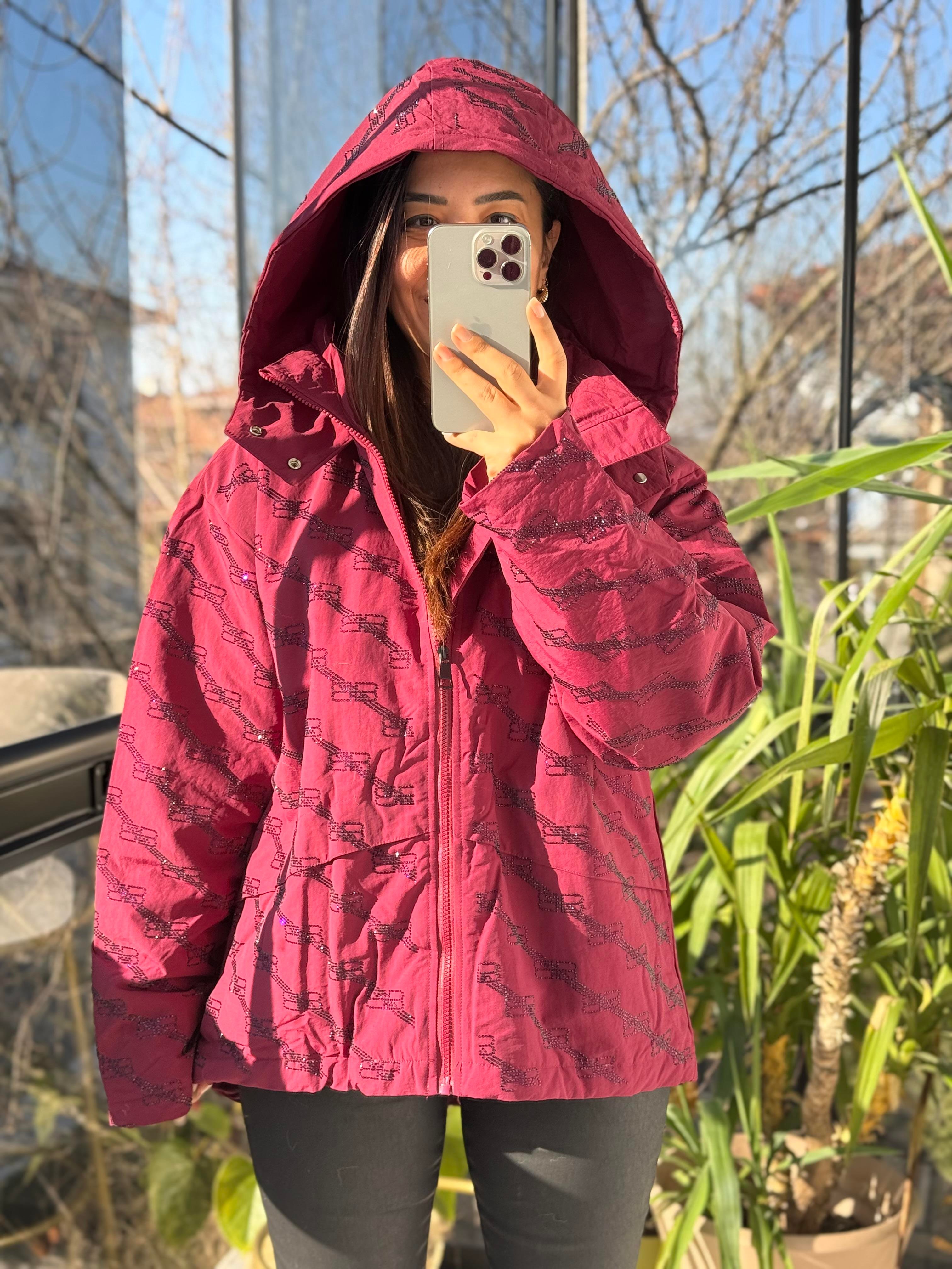 İthal Taşlı Şişme Mont Bordo