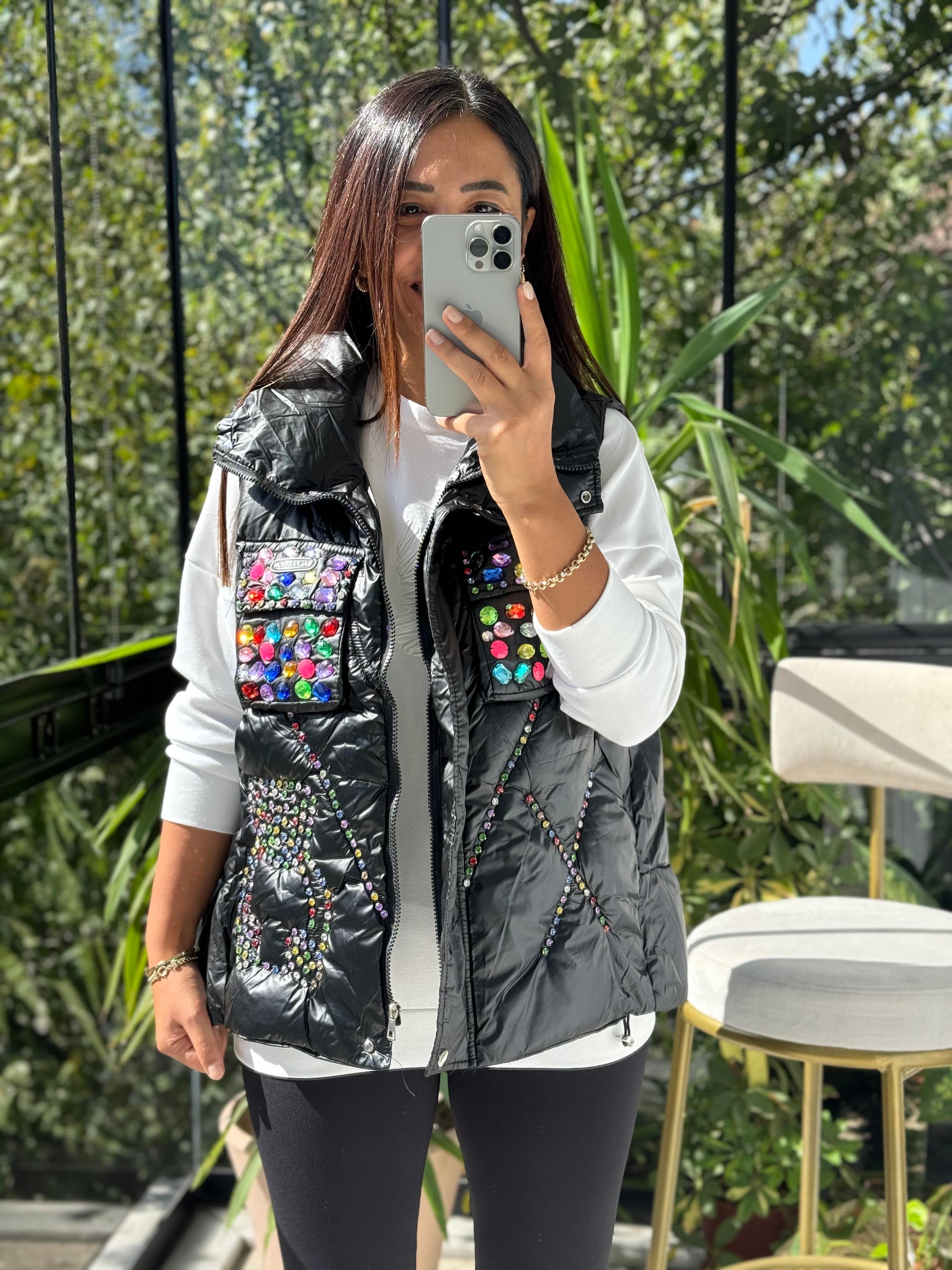 İthal Taşlı Şişme Yelek Siyah