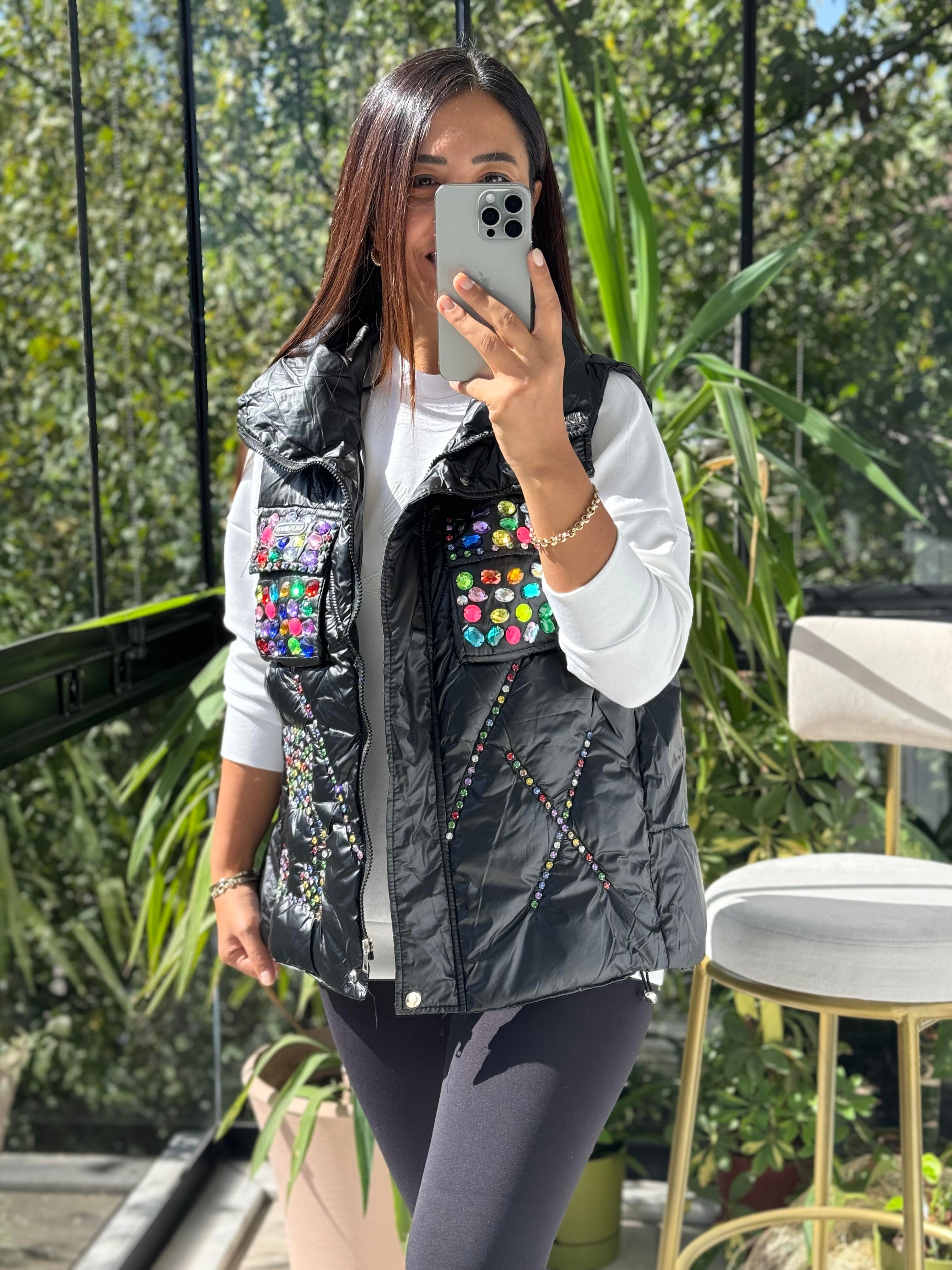 İthal Taşlı Şişme Yelek Siyah