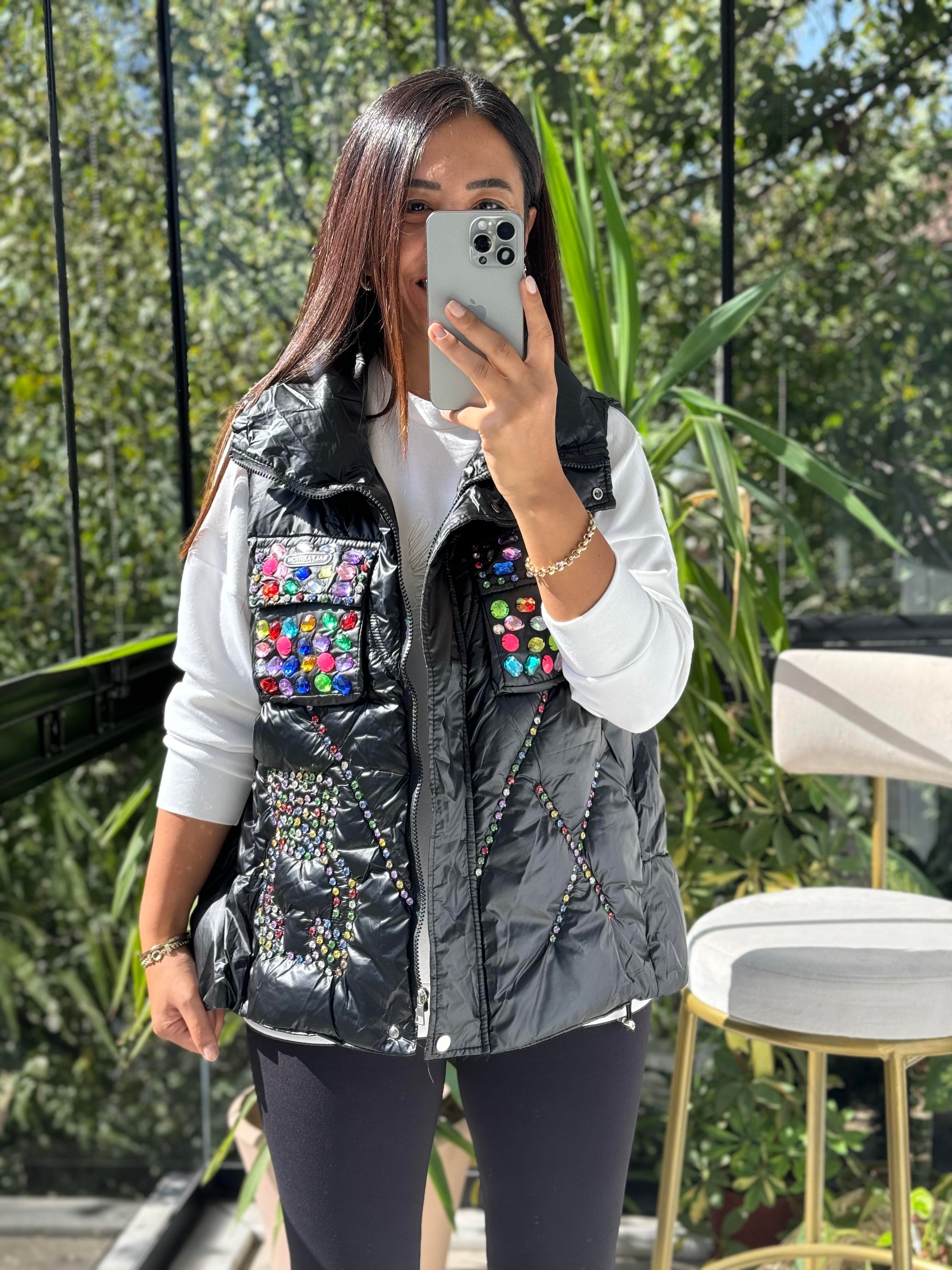 İthal Taşlı Şişme Yelek Siyah