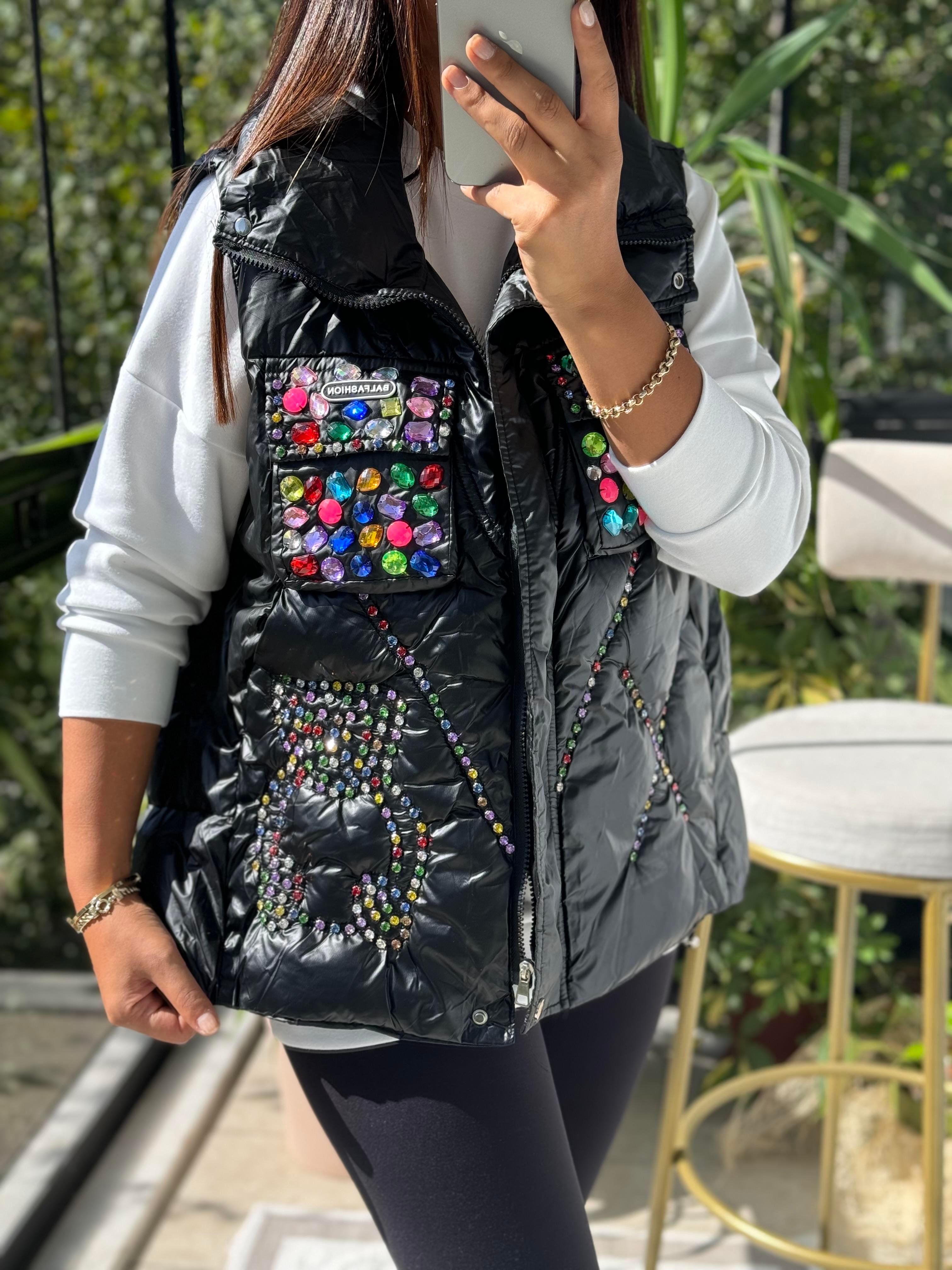 İthal Taşlı Şişme Yelek Siyah