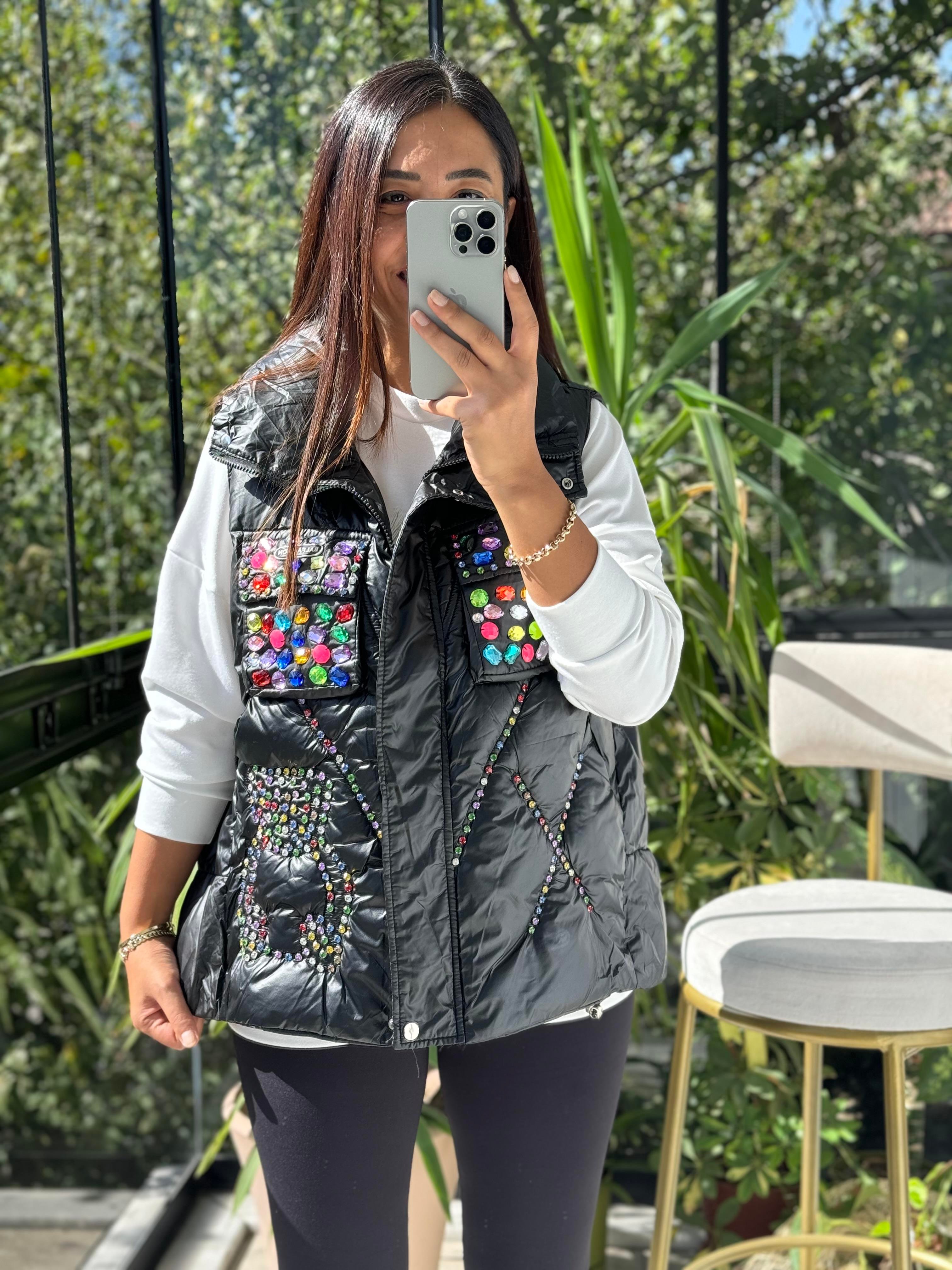 İthal Taşlı Şişme Yelek Siyah