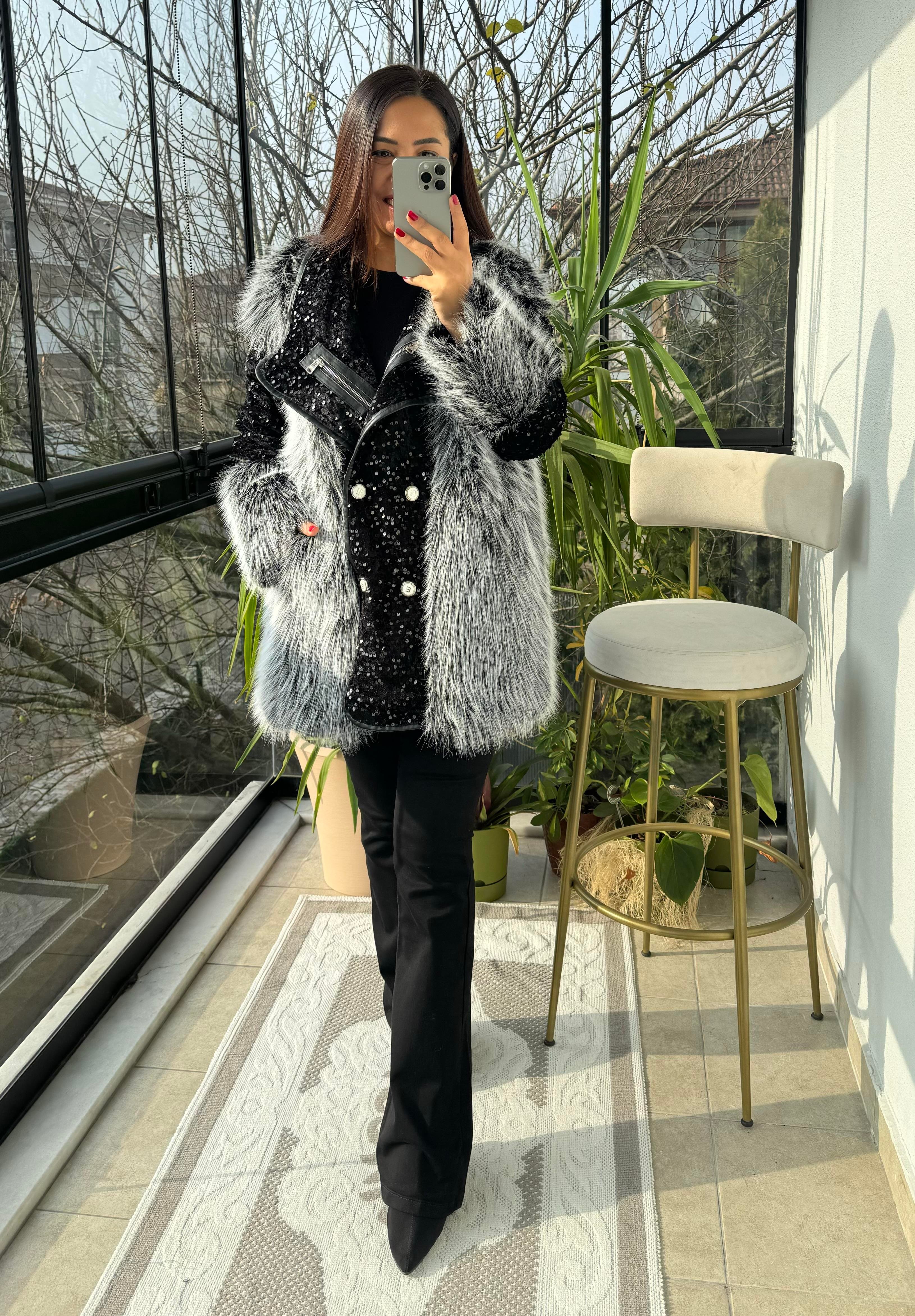 İthal Yakası Fermuar Detaylı Payetli Kürk Gri