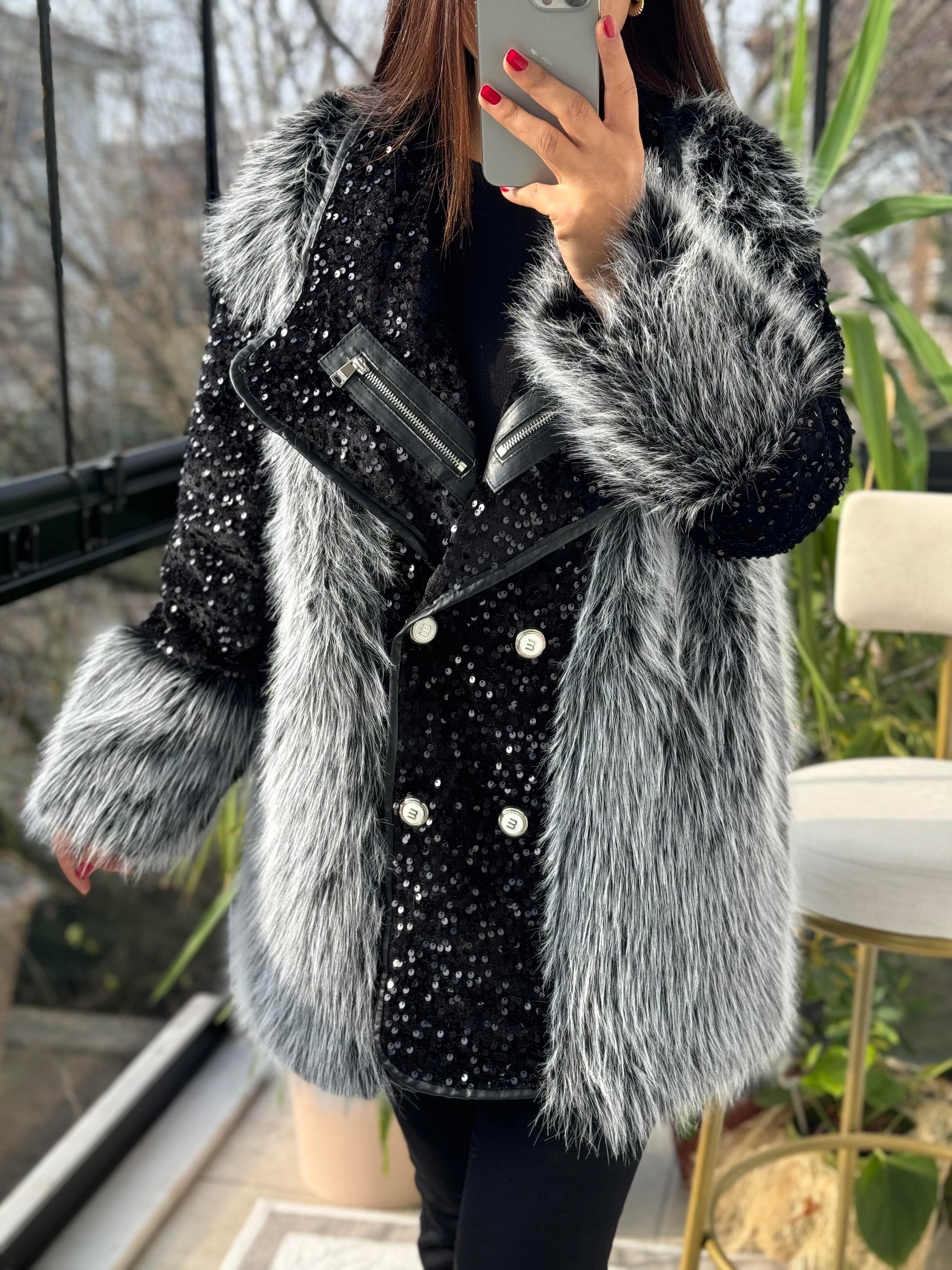 İthal Yakası Fermuar Detaylı Payetli Kürk Gri