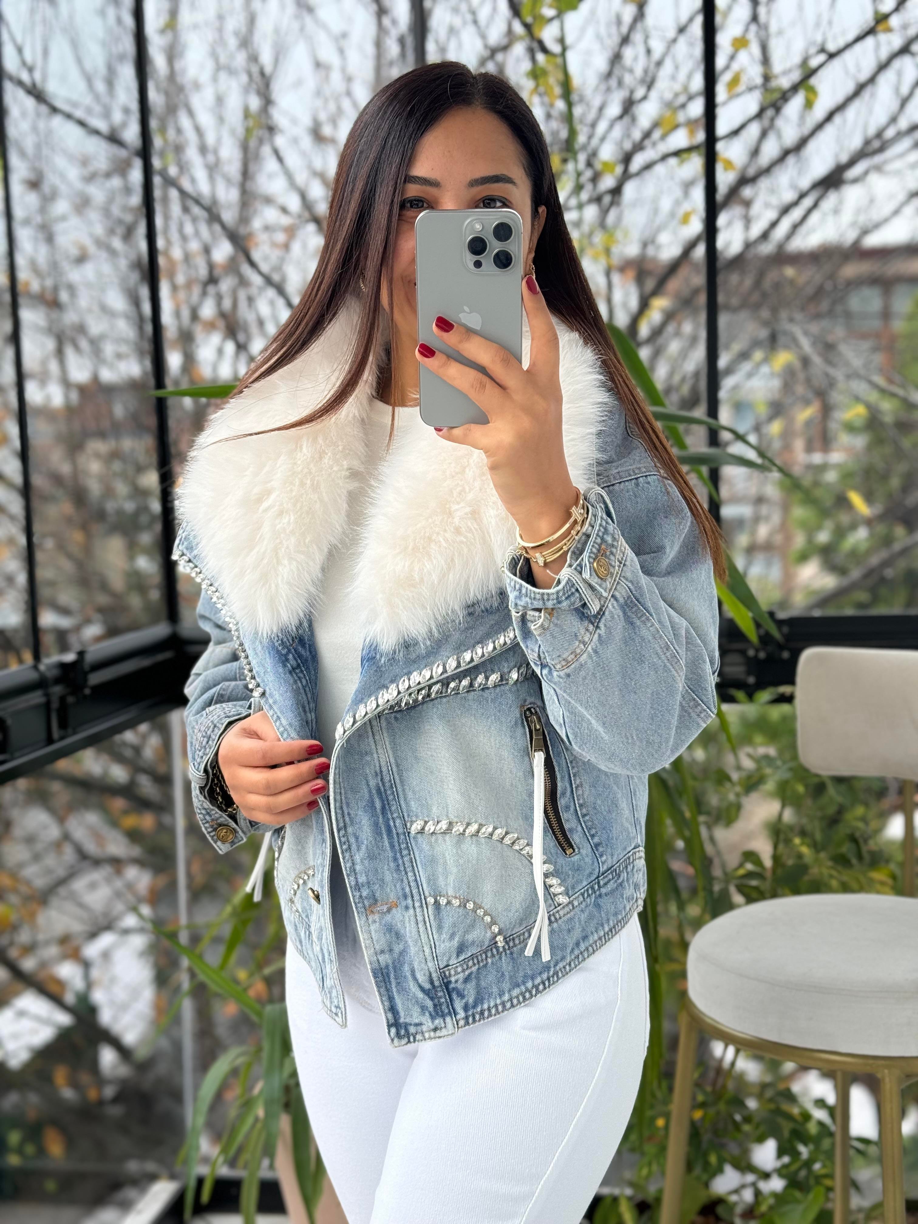 İthal Yakası Kürklü Taşlı Fermuarlı Kürk Mont Mavi