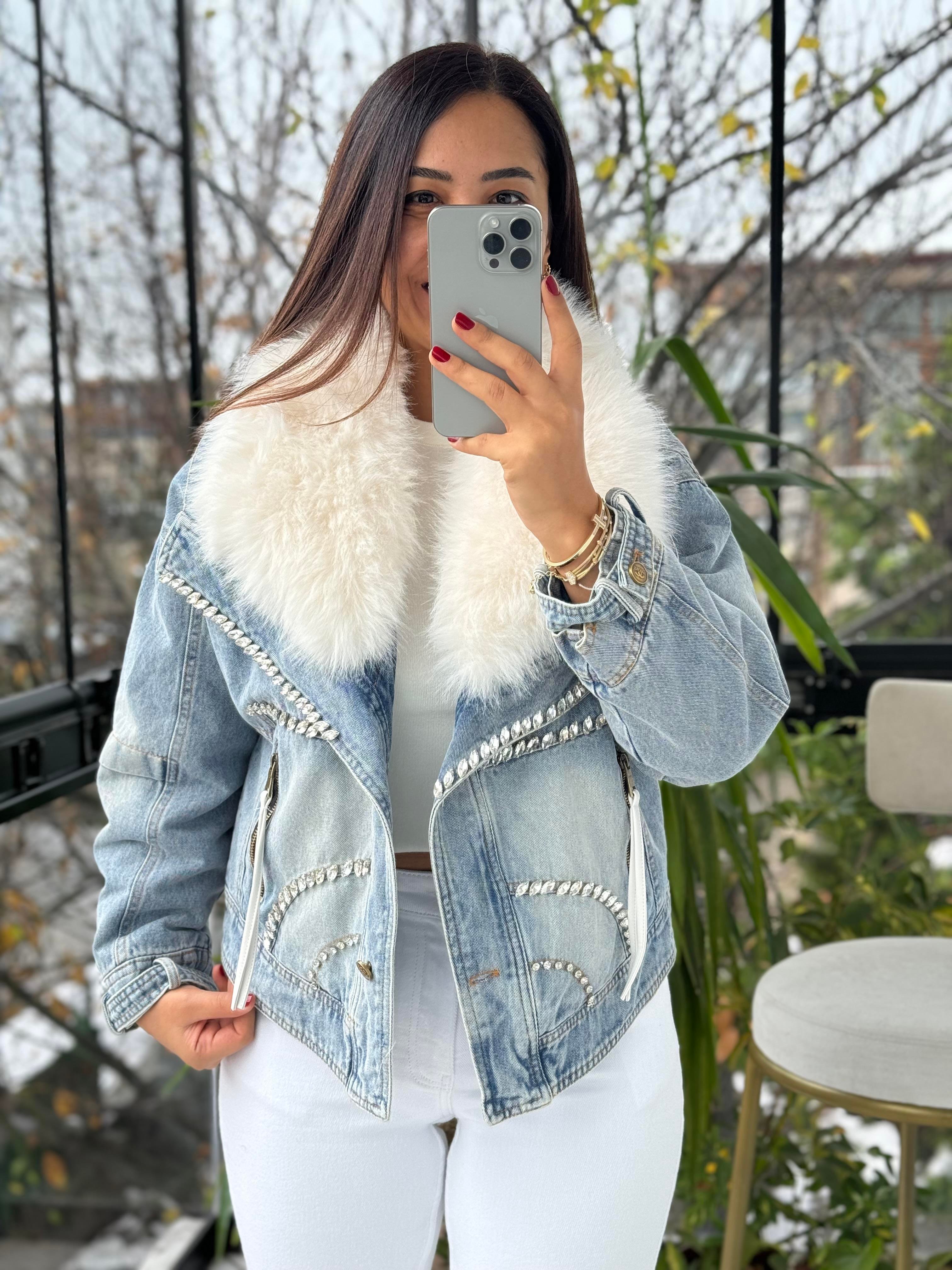 İthal Yakası Kürklü Taşlı Fermuarlı Kürk Mont Mavi