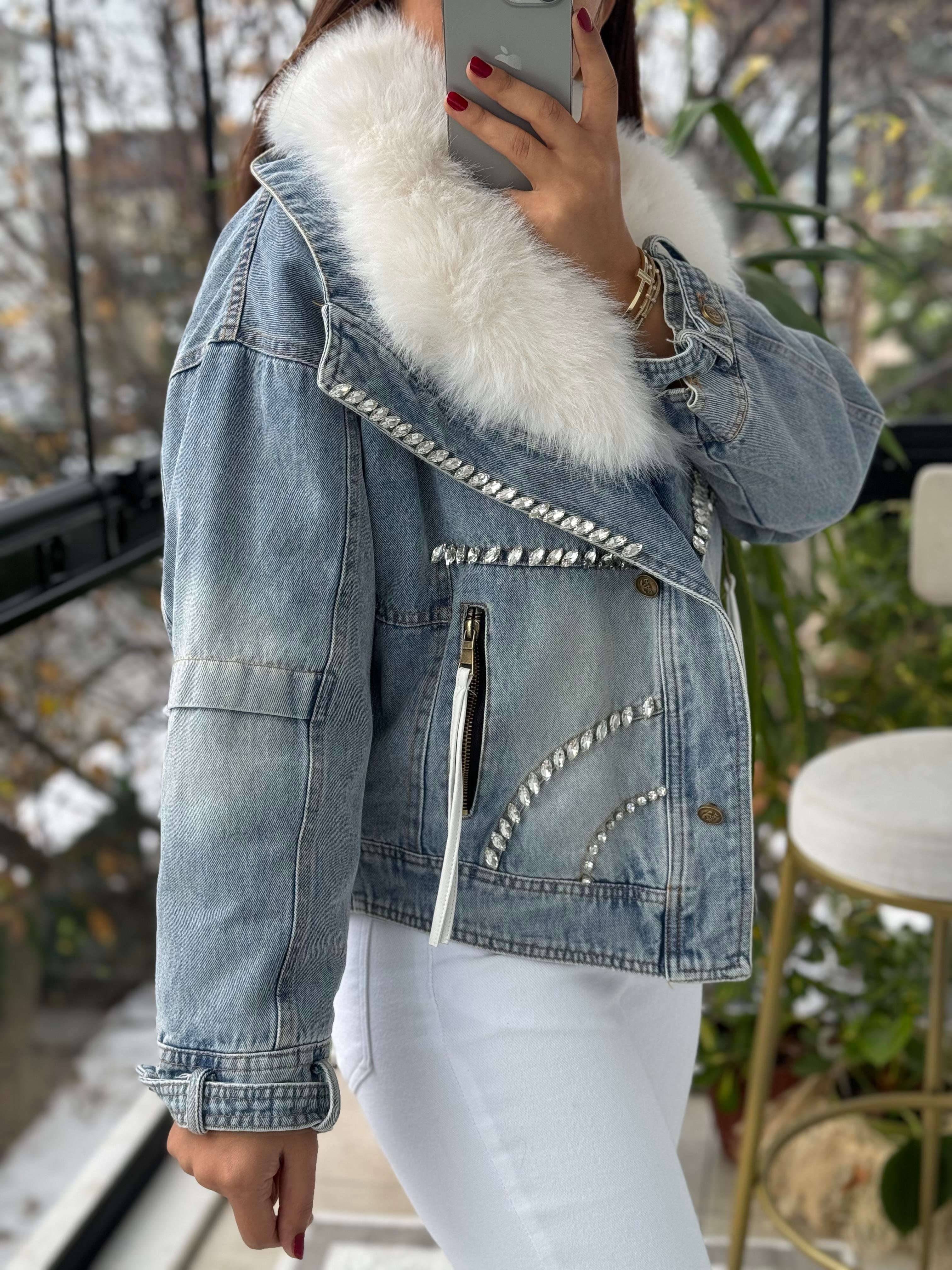 İthal Yakası Kürklü Taşlı Fermuarlı Kürk Mont Mavi