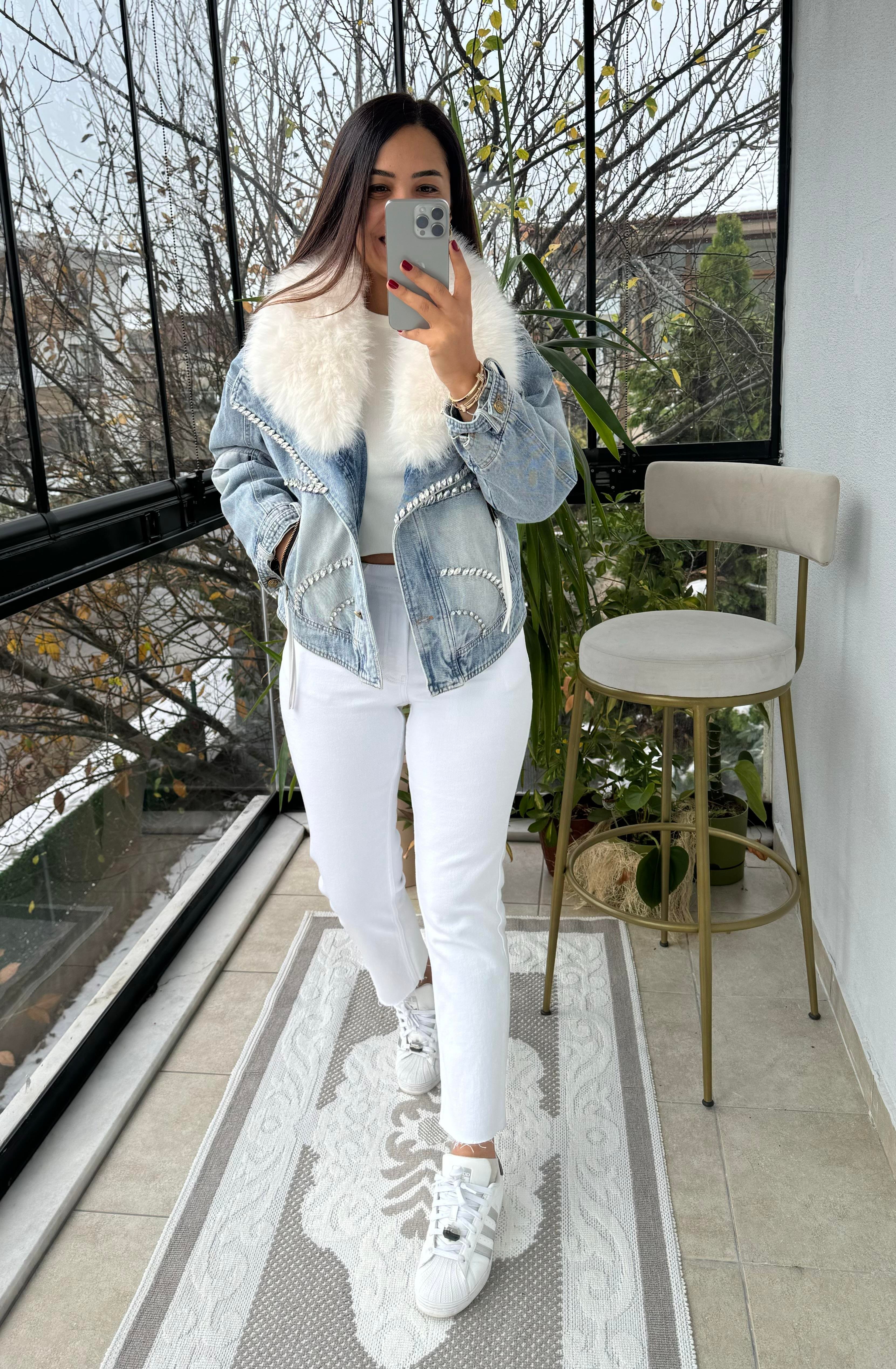 İthal Yakası Kürklü Taşlı Fermuarlı Kürk Mont Mavi