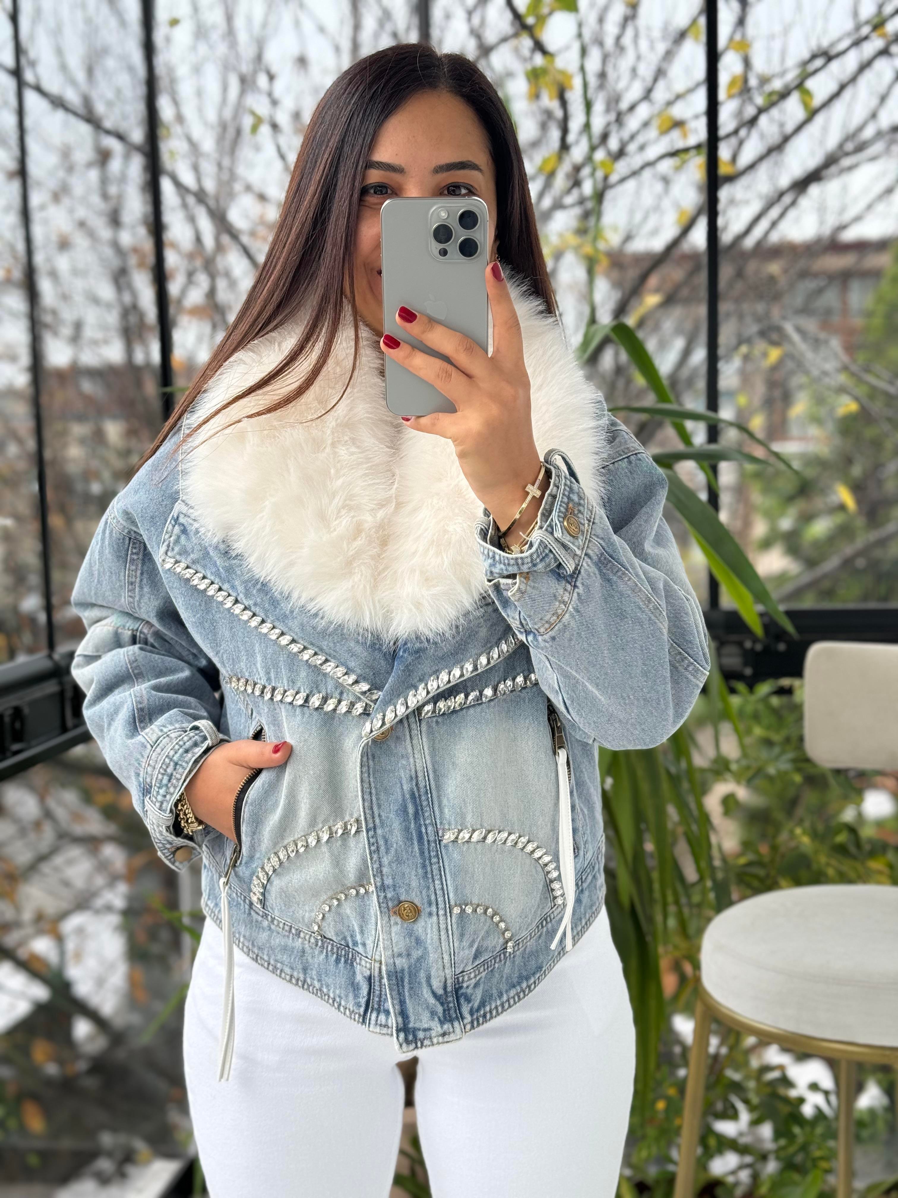 İthal Yakası Kürklü Taşlı Fermuarlı Kürk Mont Mavi