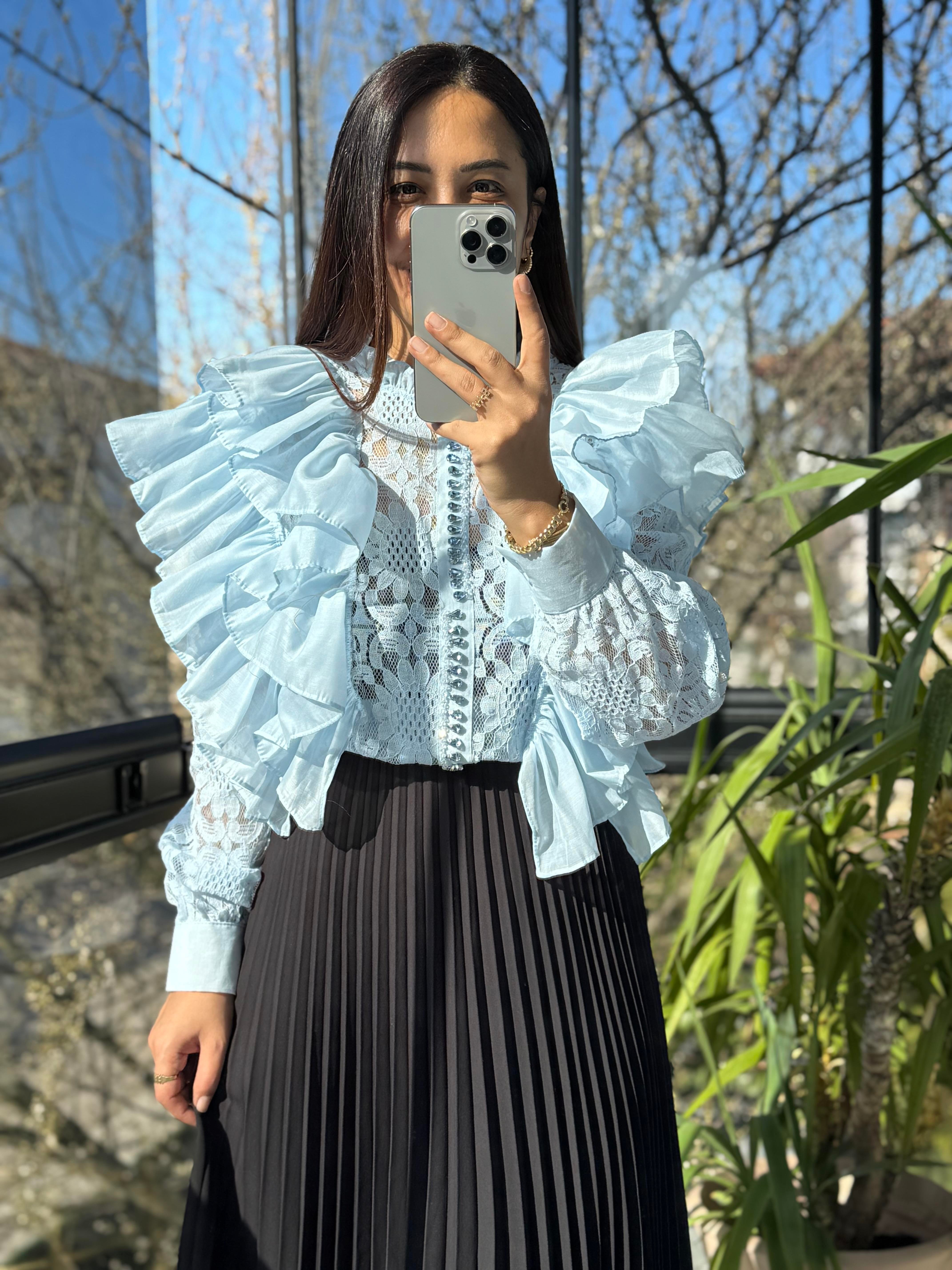 İthal Yanları Fırfırlı Bluz Bebe Mavi
