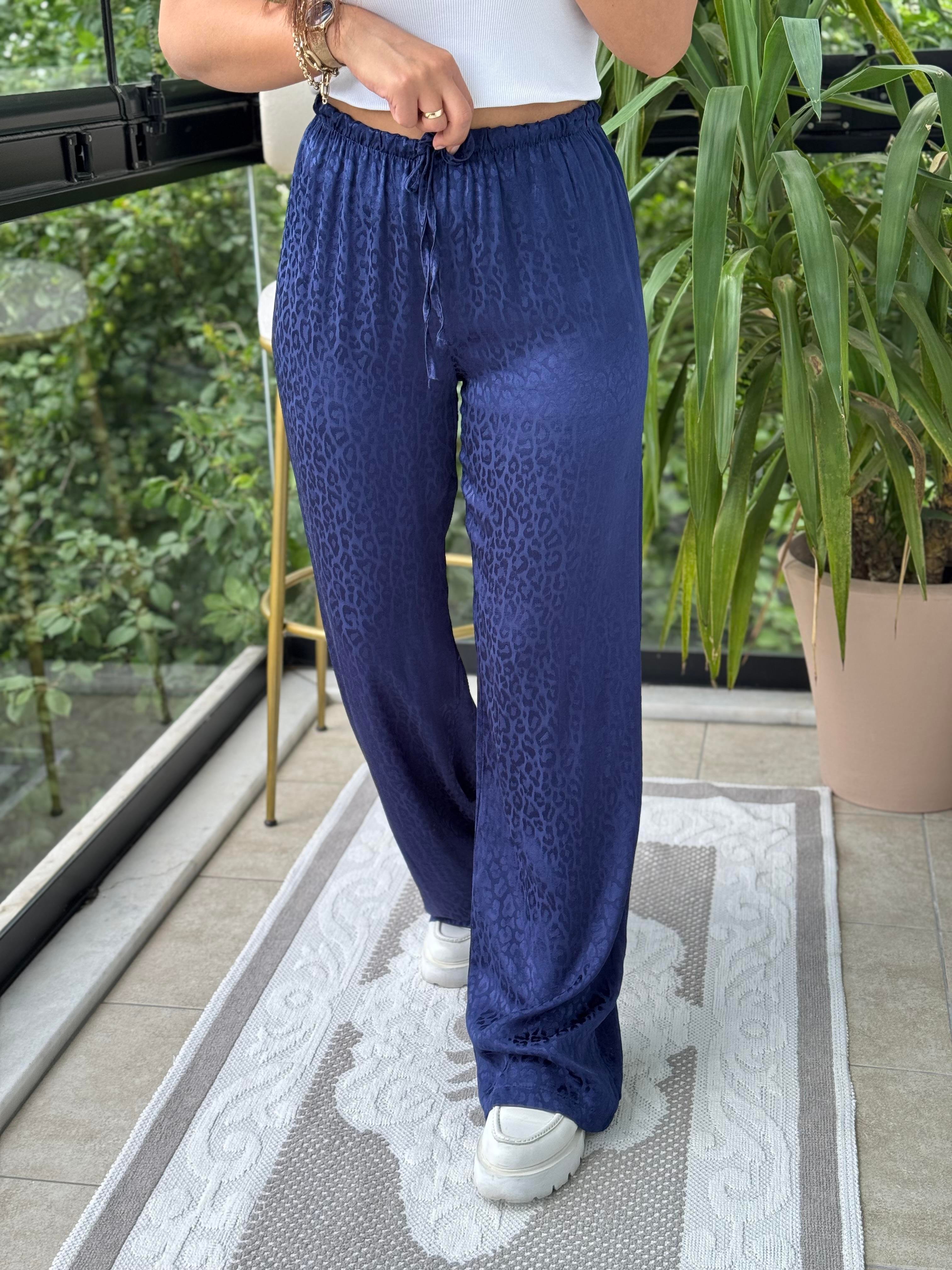 Jakarlı Bol Paça Pantolon Lacivert