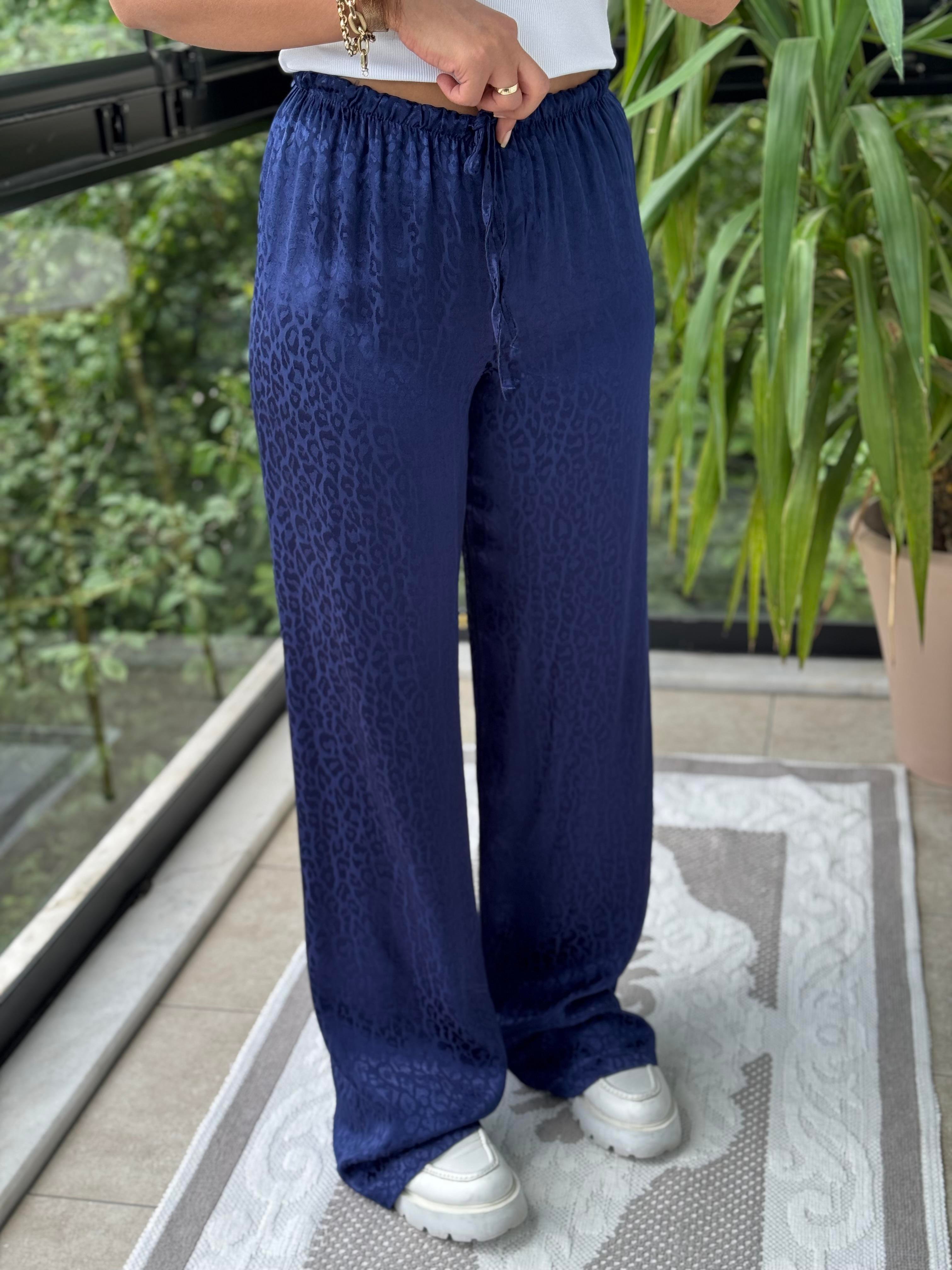 Jakarlı Bol Paça Pantolon Lacivert