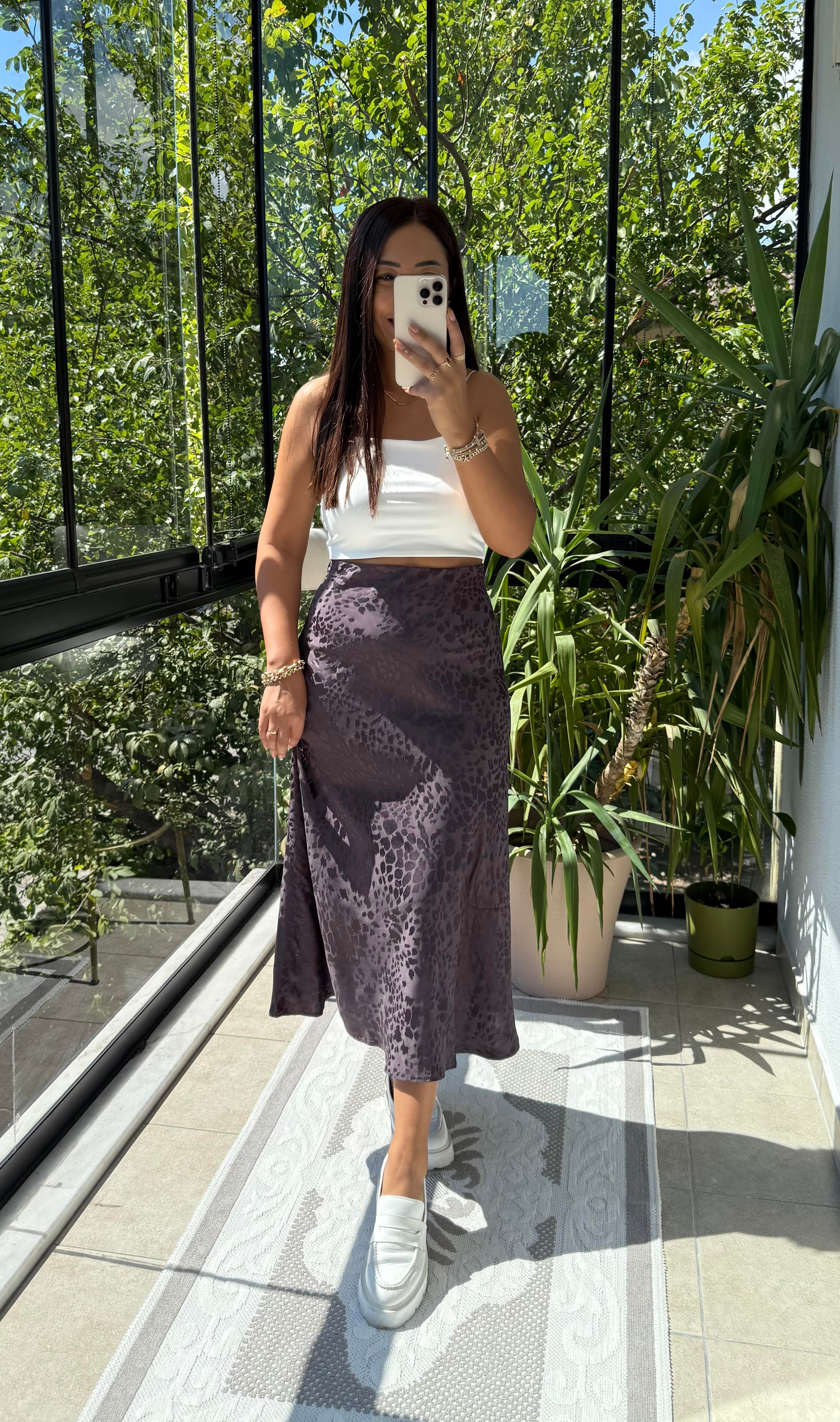 Jakarlı Saten Etek Kahve