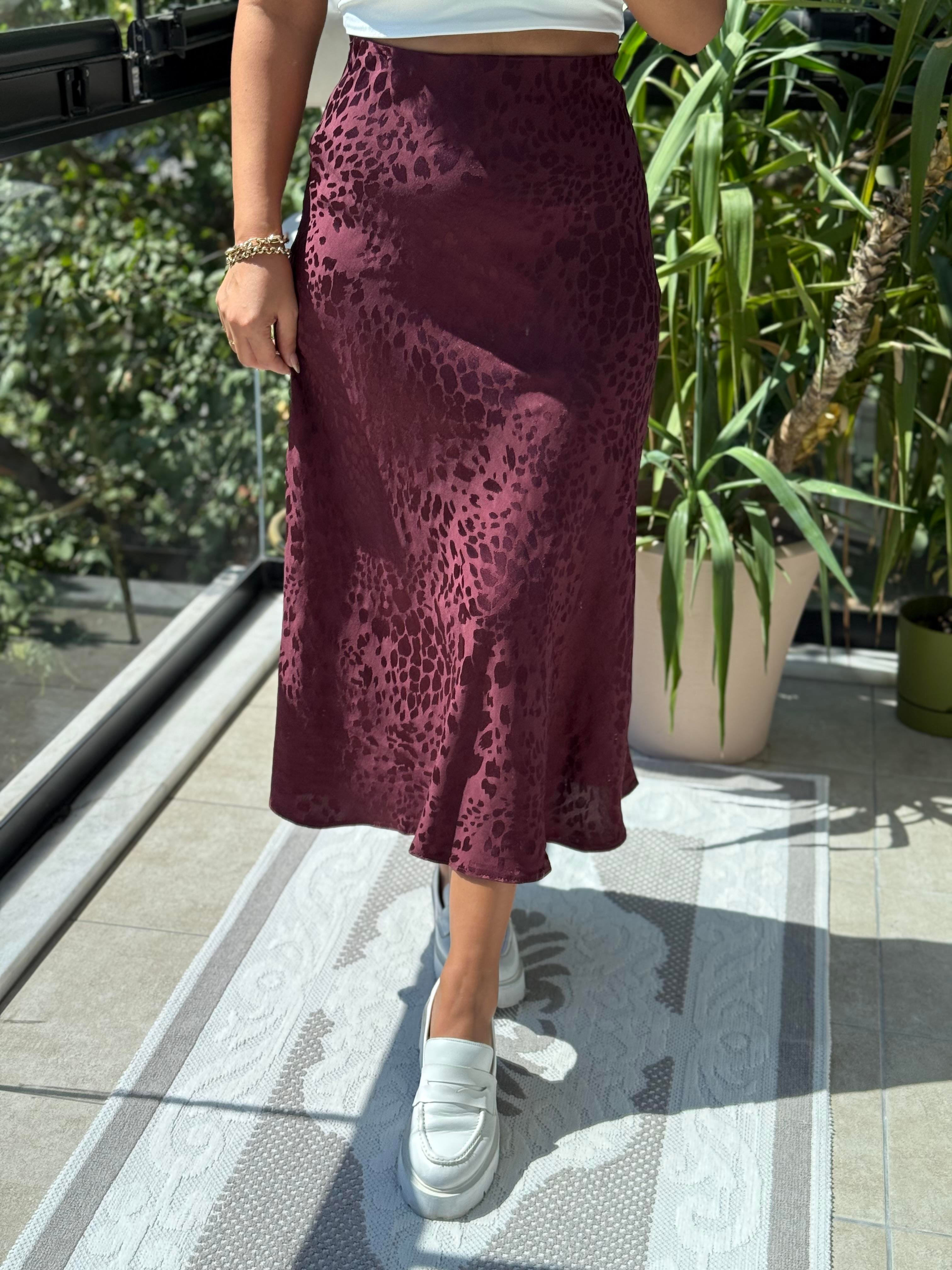 Jakarlı Saten Etek Mürdüm