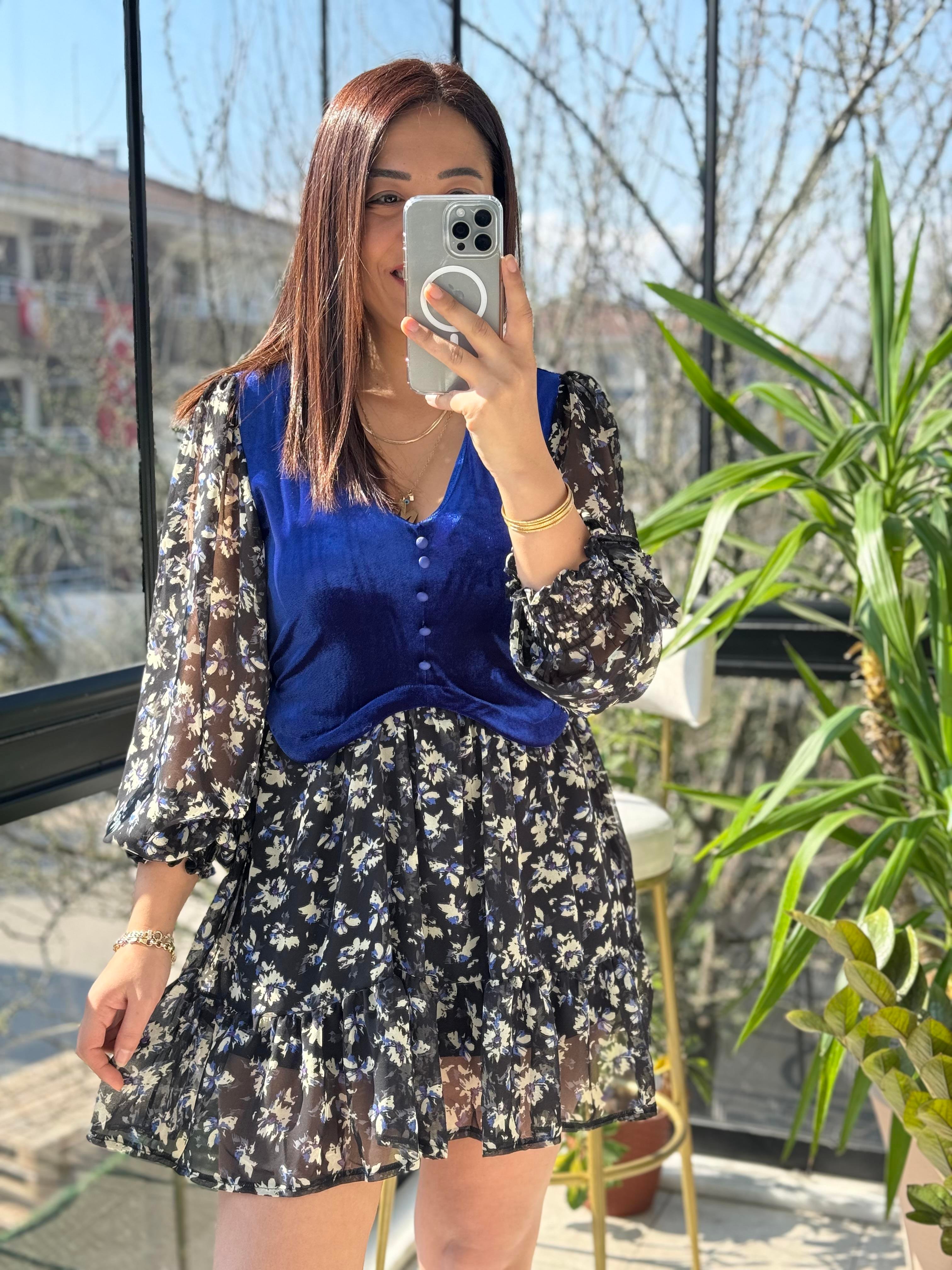 Kadife Detaylı Elbise Sax Mavi