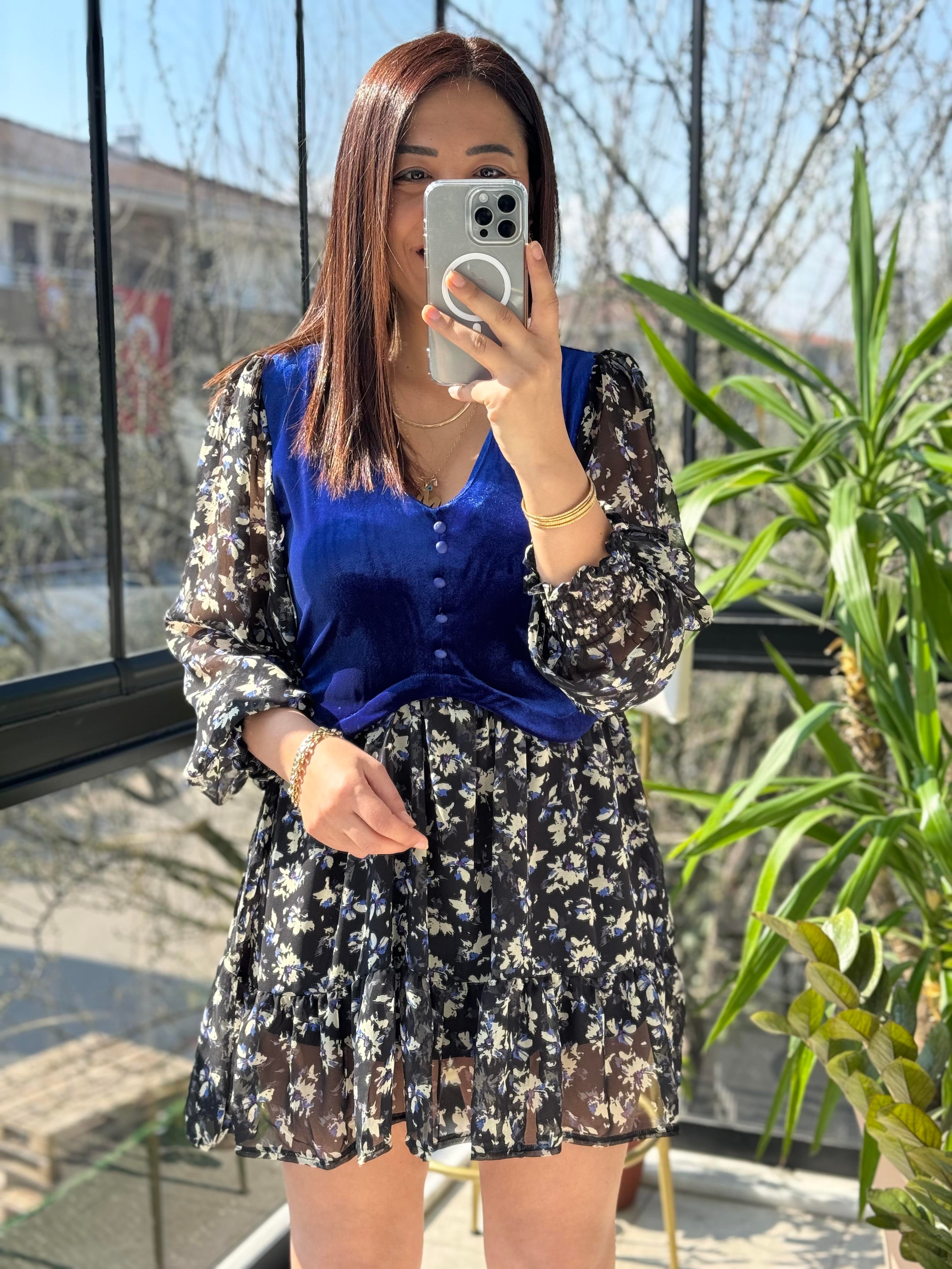 Kadife Detaylı Elbise Sax Mavi