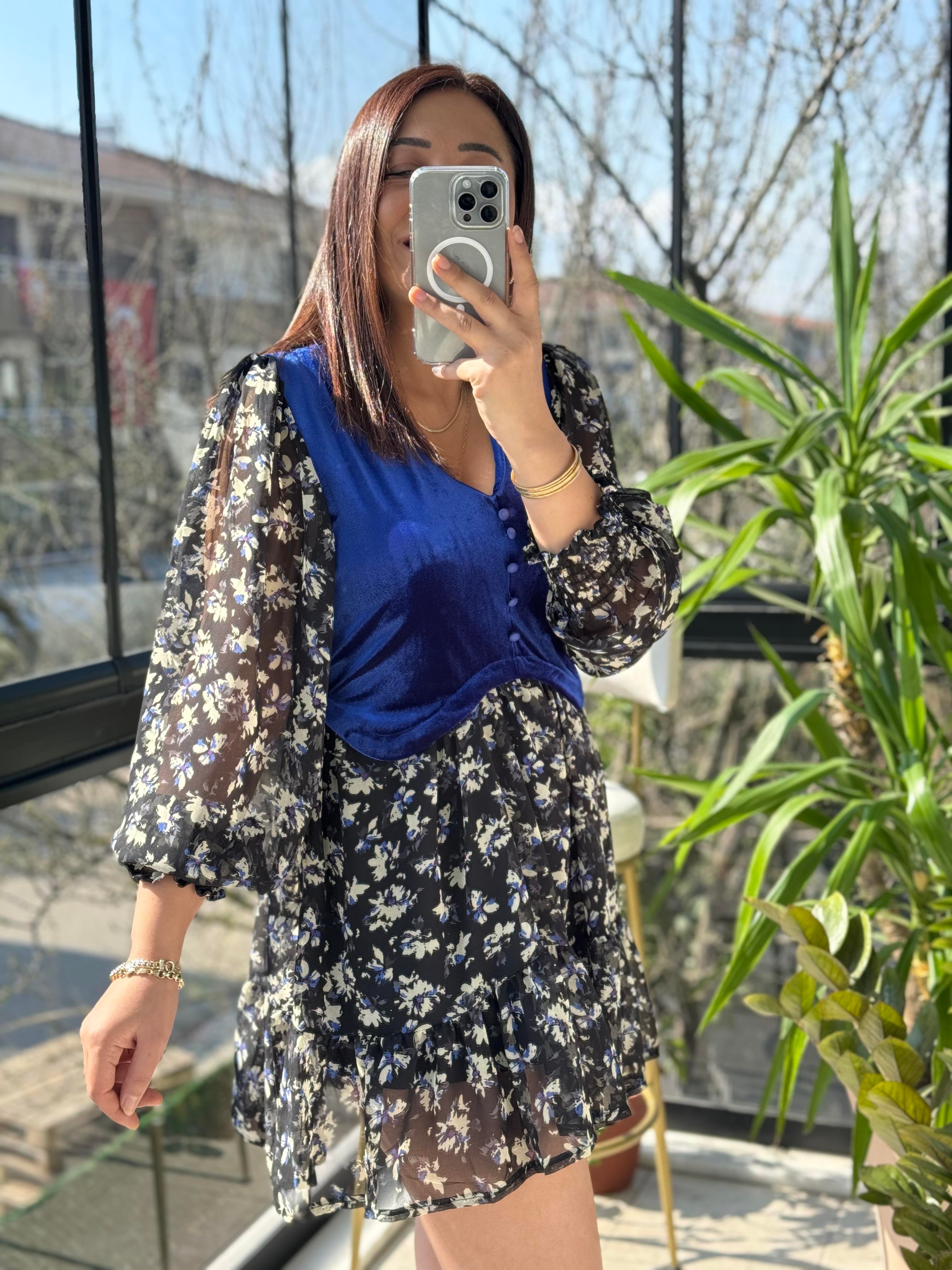 Kadife Detaylı Elbise Sax Mavi