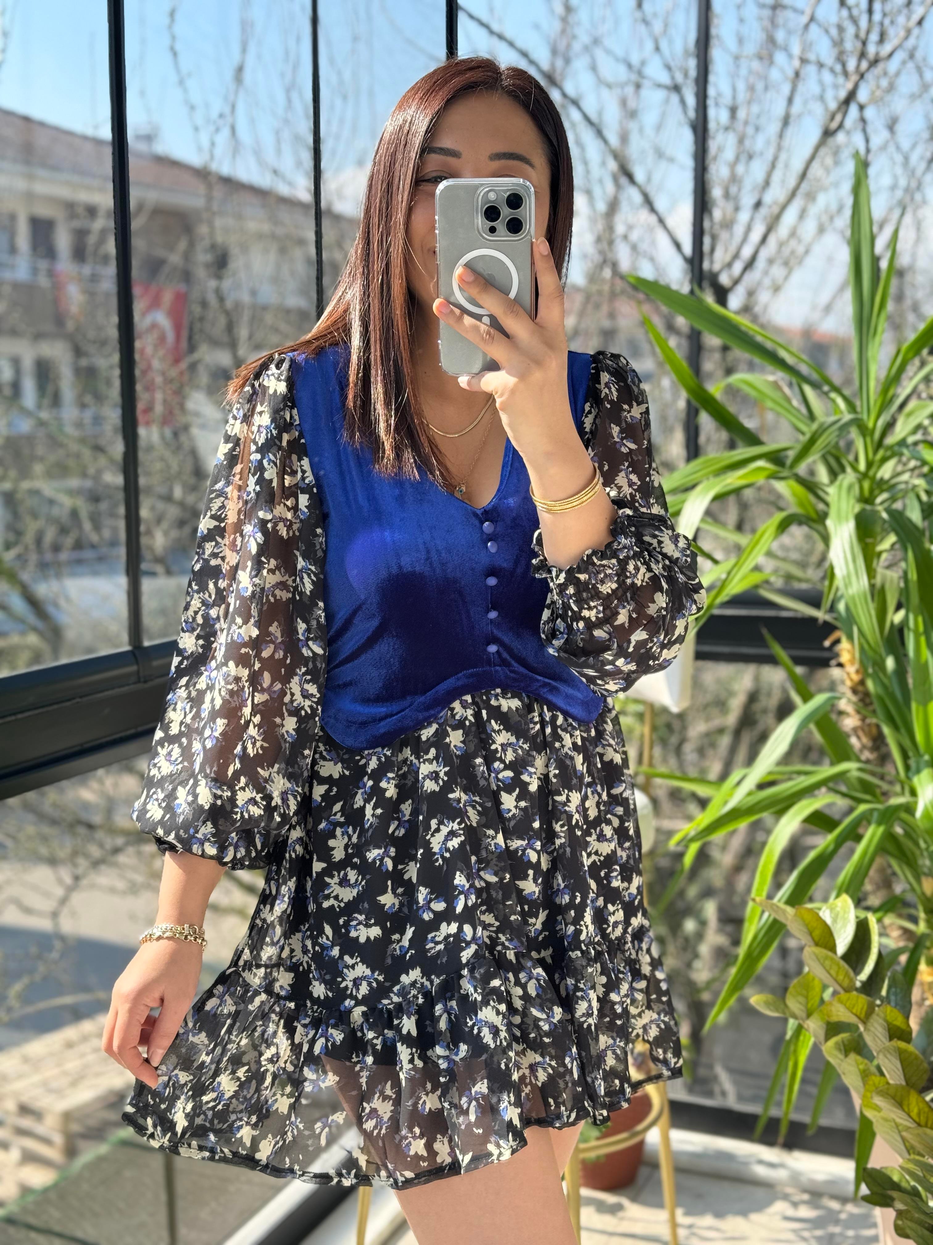 Kadife Detaylı Elbise Sax Mavi