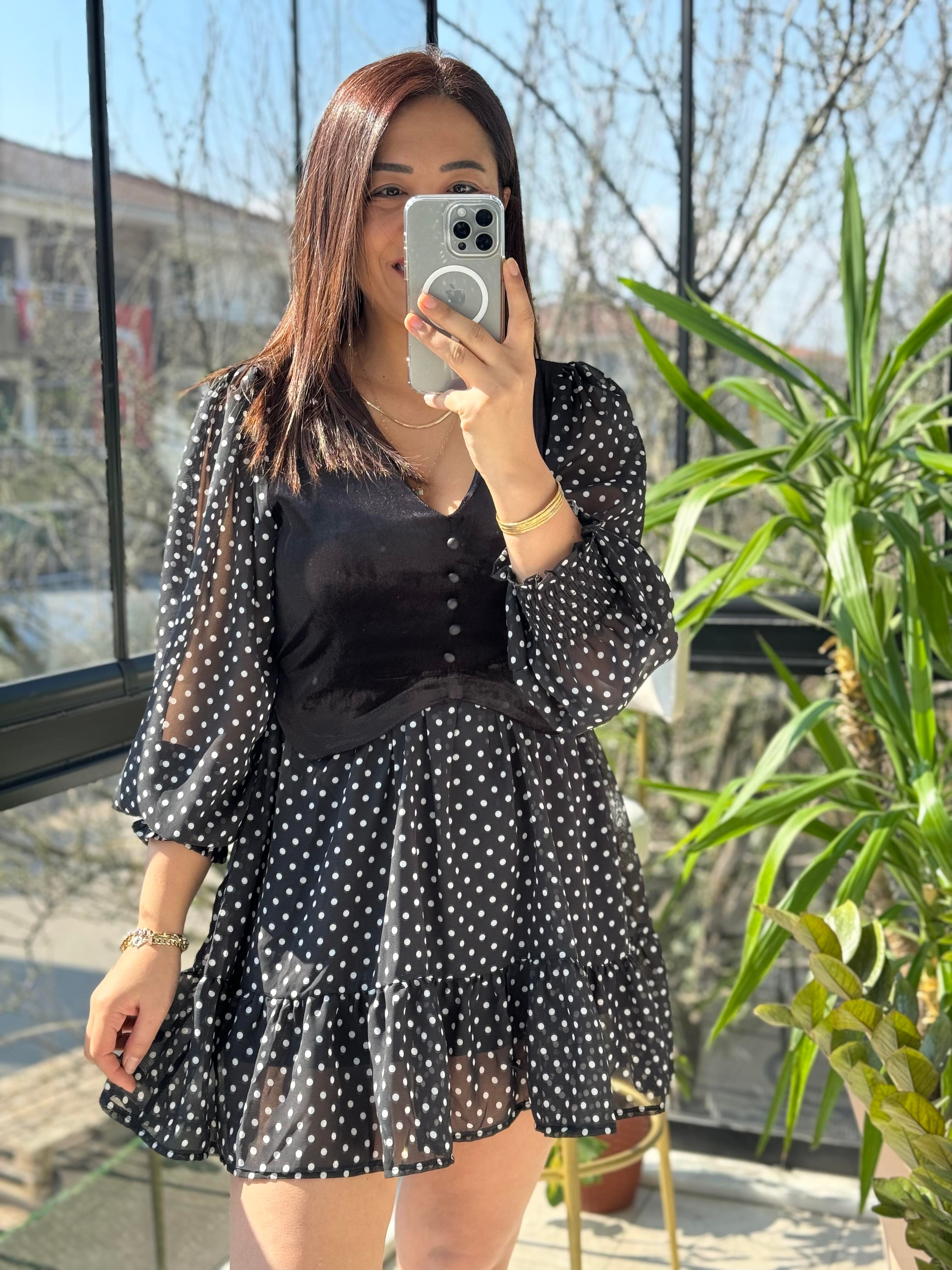 Kadife Detaylı Elbise Siyah