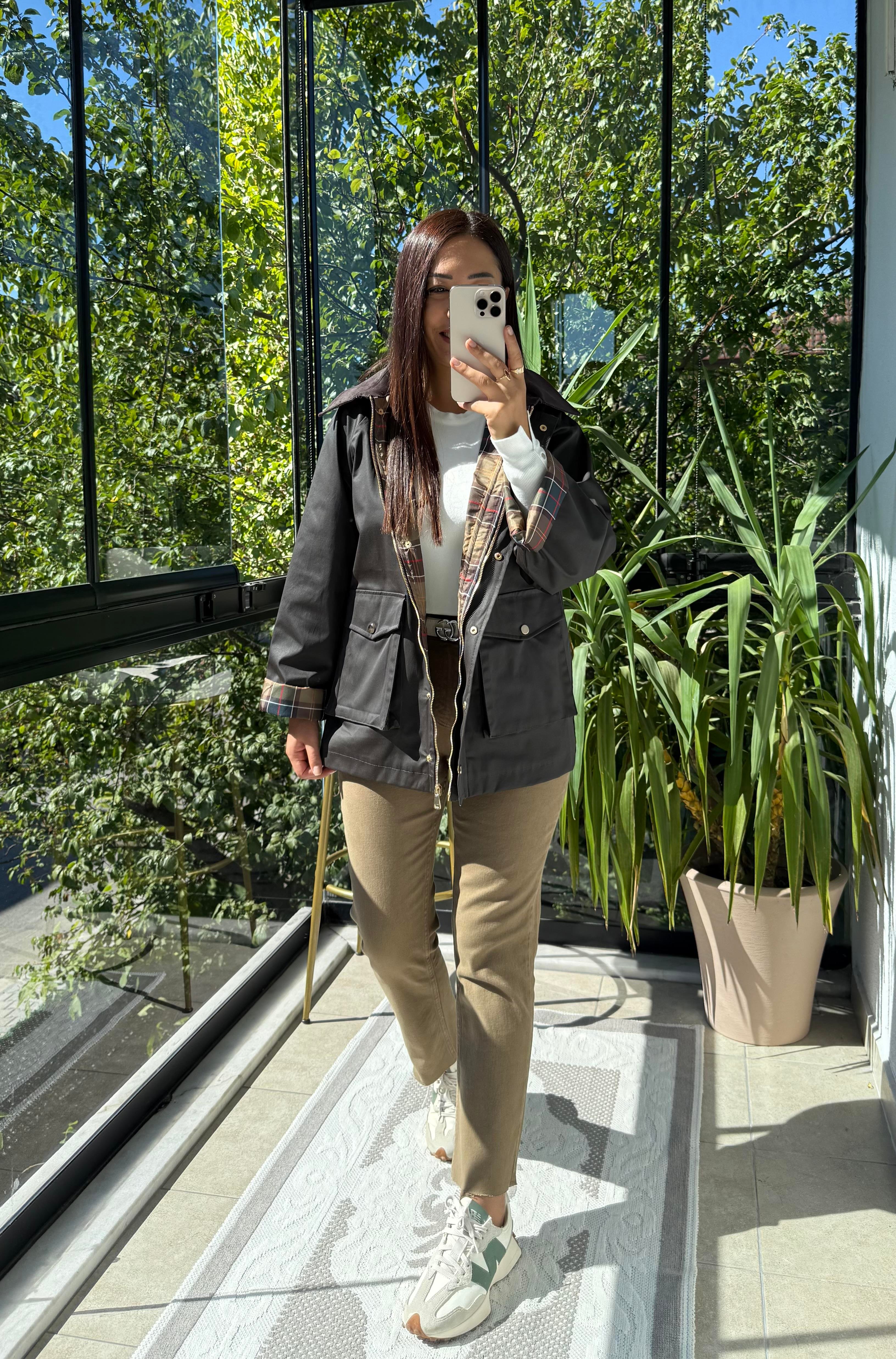 Kadife Yaka Parka Yağmurluk Ceket Koyu Kahve