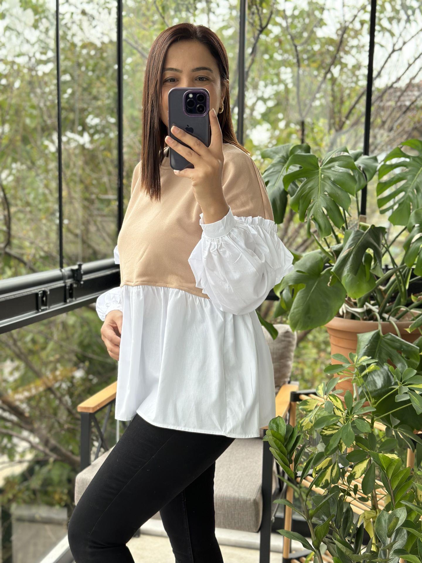 Kahve Altı ve Kolları Poplin Kumaş Tasarım Sweatshirt