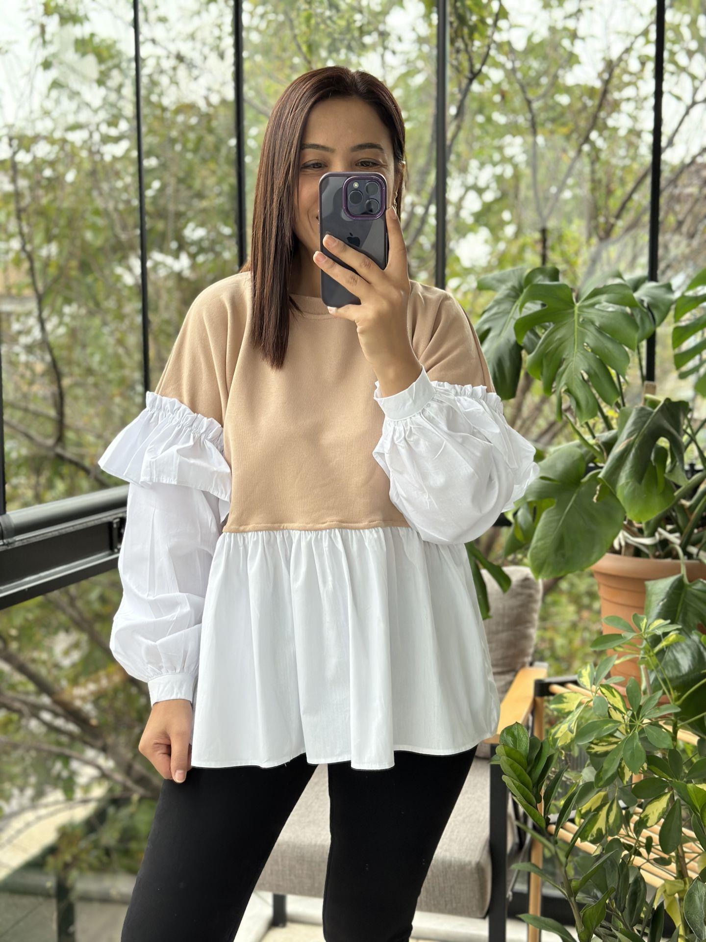 Kahve Altı ve Kolları Poplin Kumaş Tasarım Sweatshirt