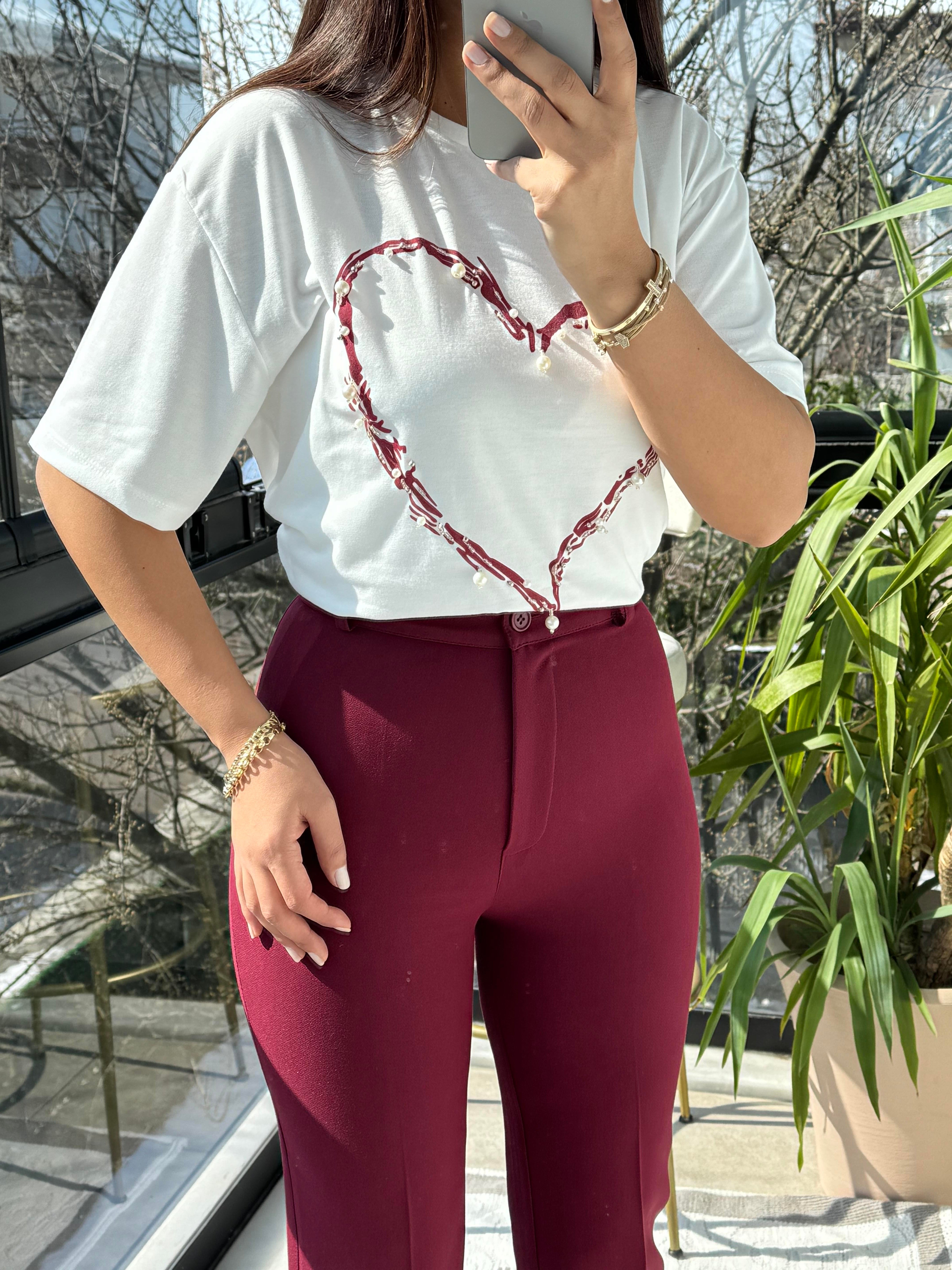 Kalp İncili Tişört Bordo