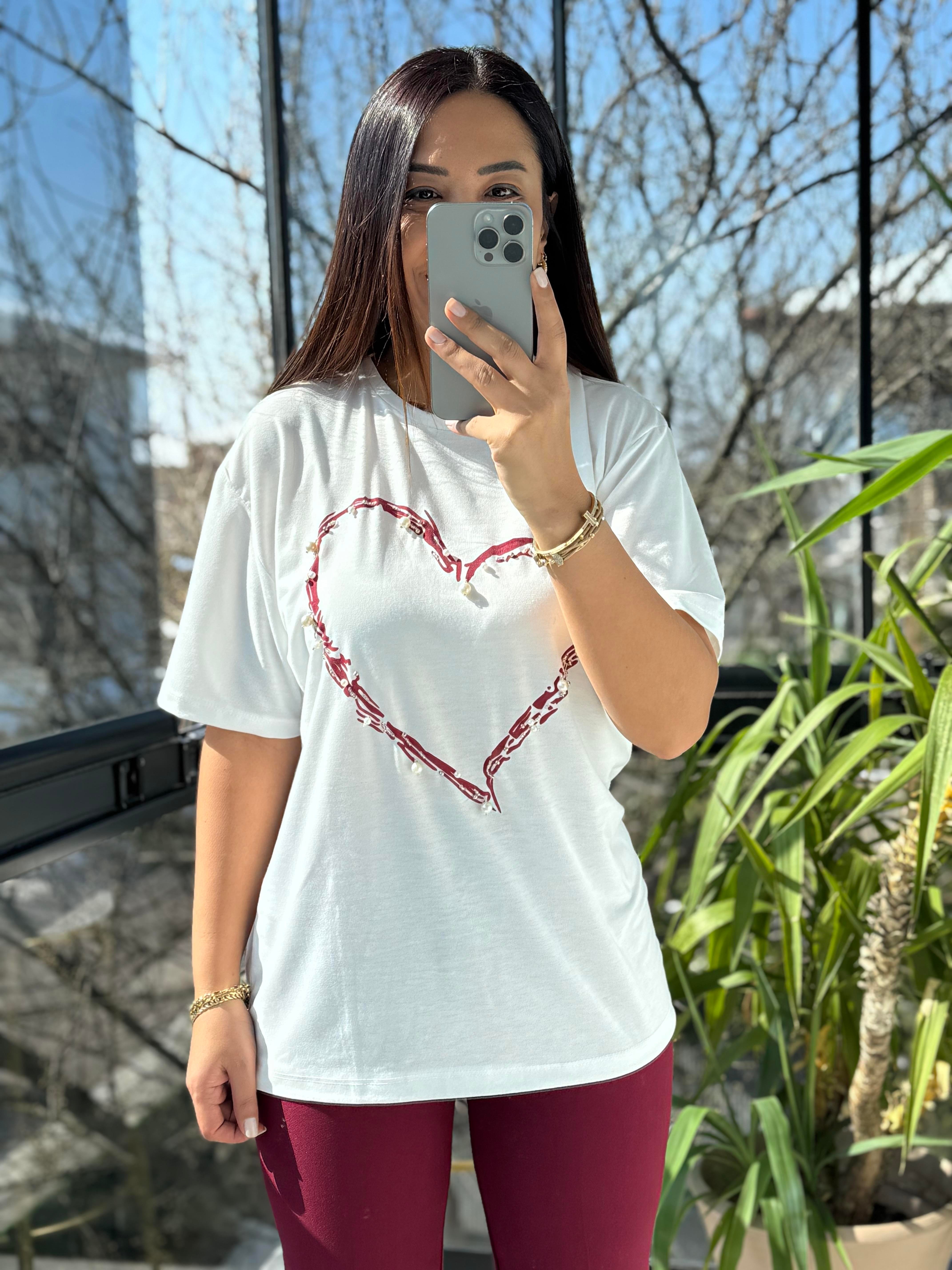 Kalp İncili Tişört Bordo