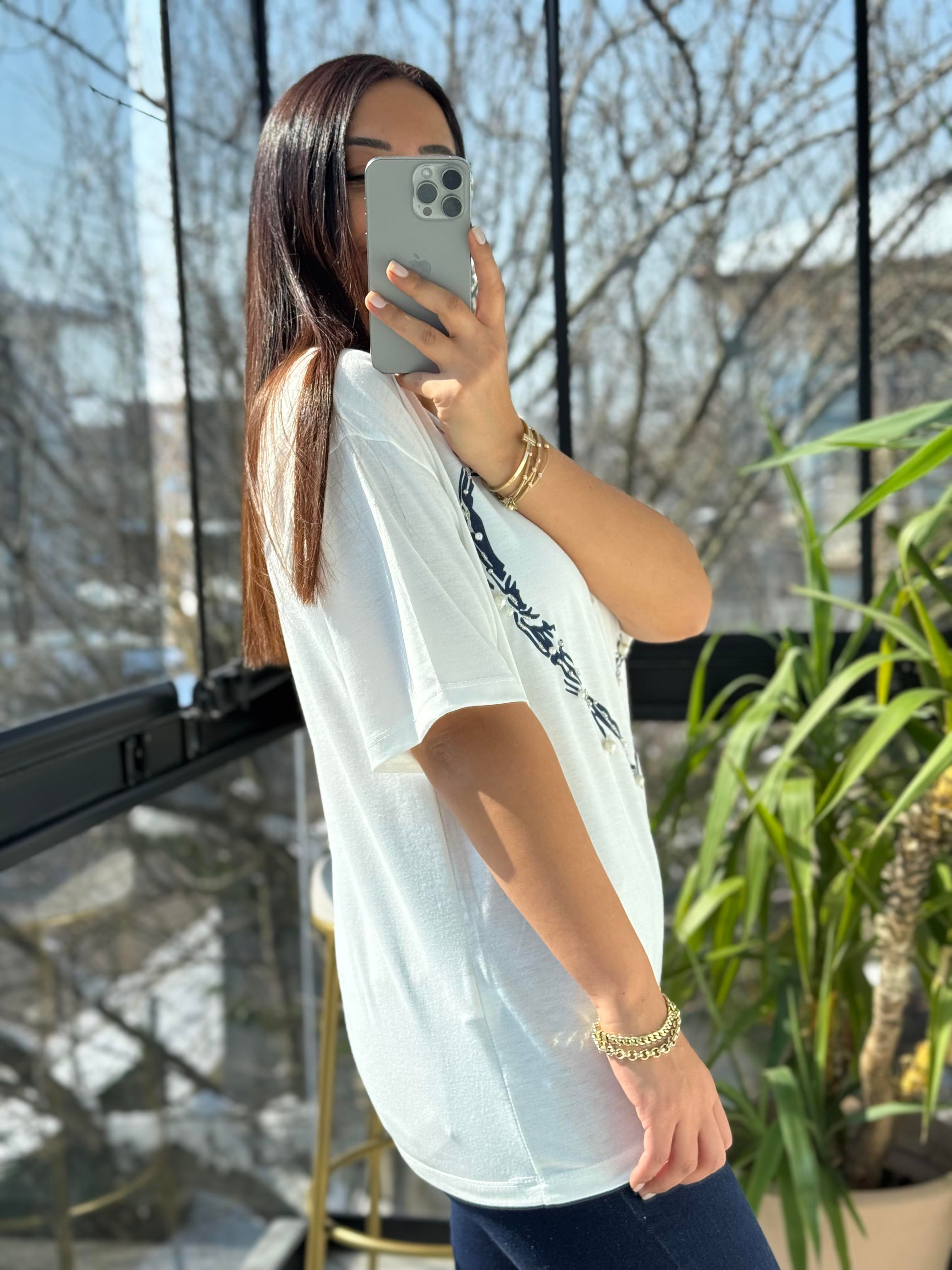 Kalp İncili Tişört Lacivert