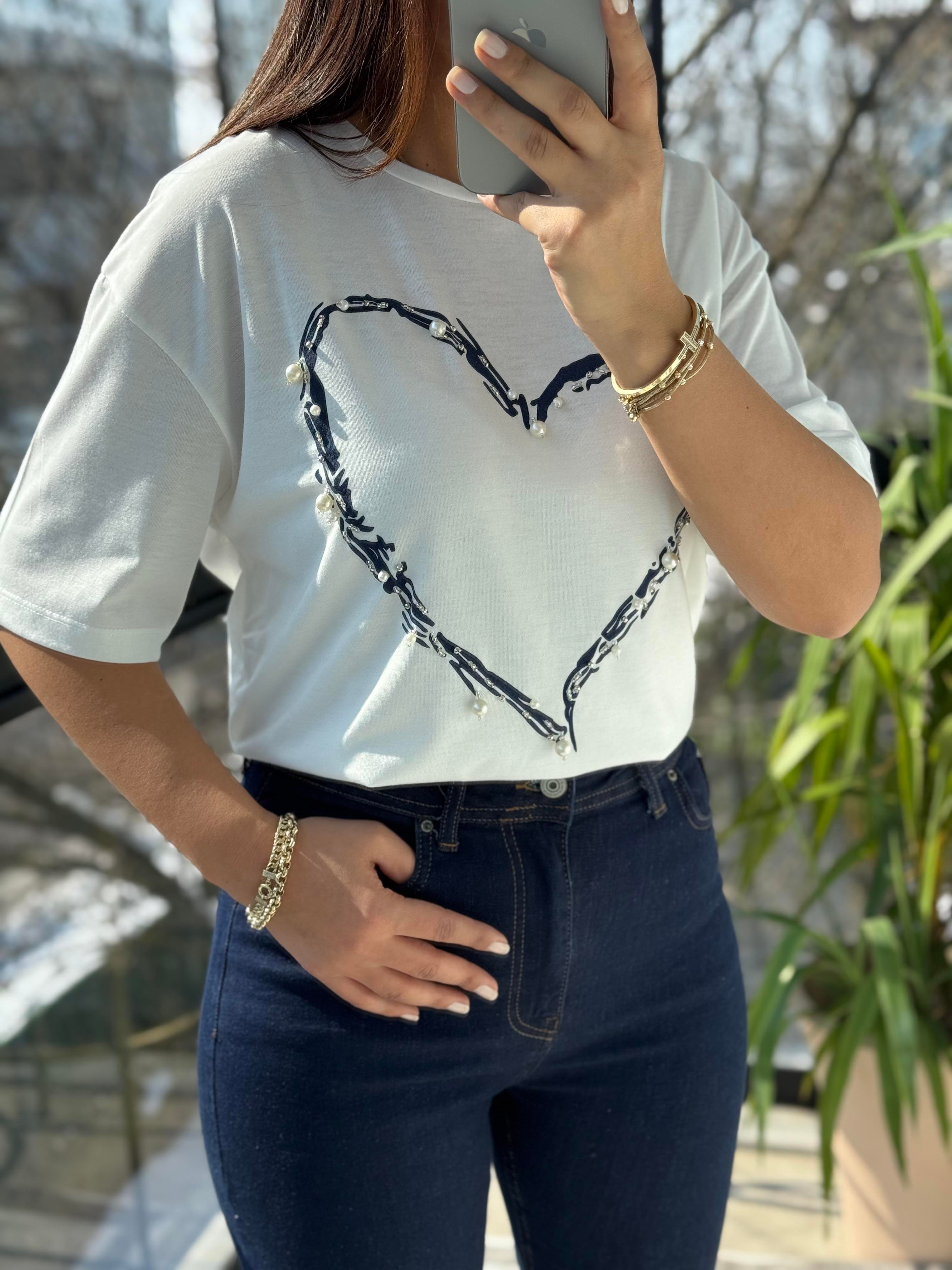 Kalp İncili Tişört Lacivert