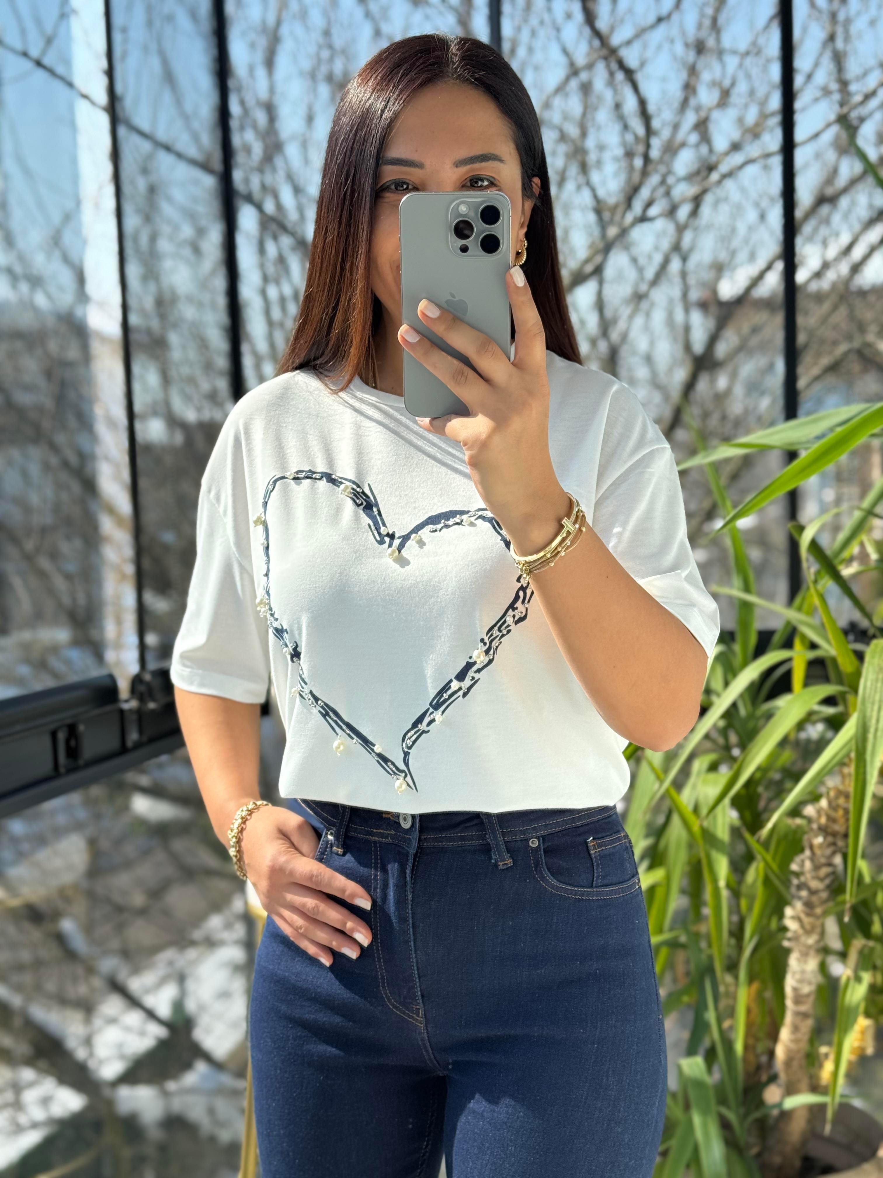 Kalp İncili Tişört Lacivert