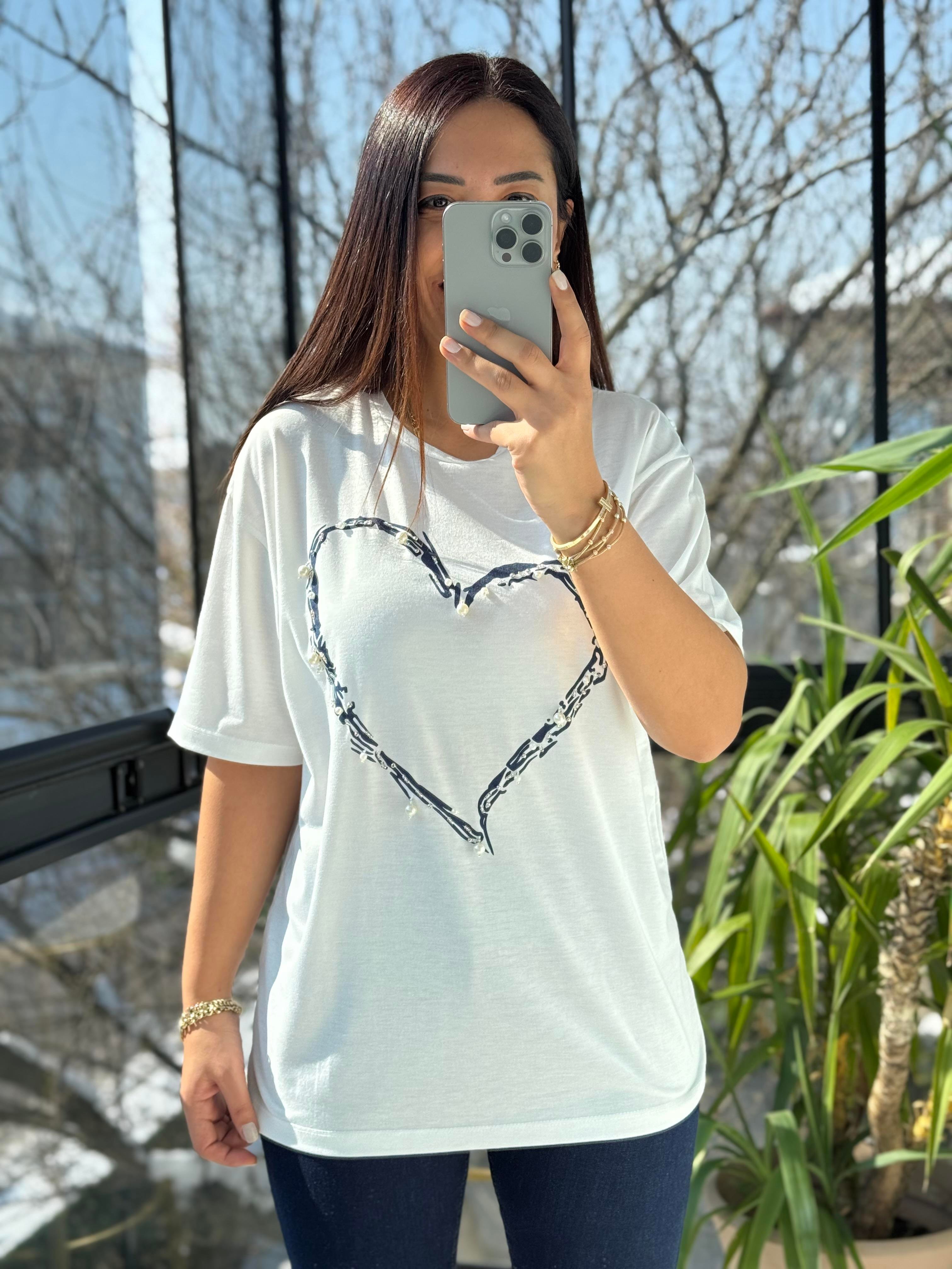 Kalp İncili Tişört Lacivert