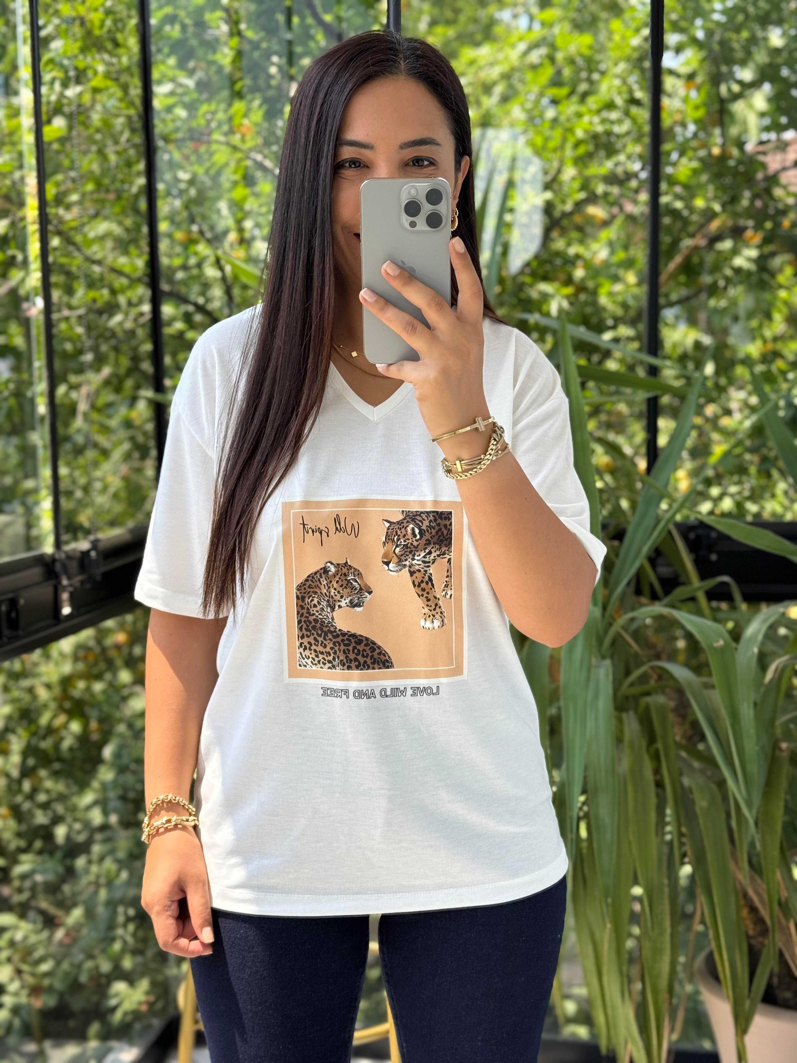 Kaplan Baskılı Tişört Ekru