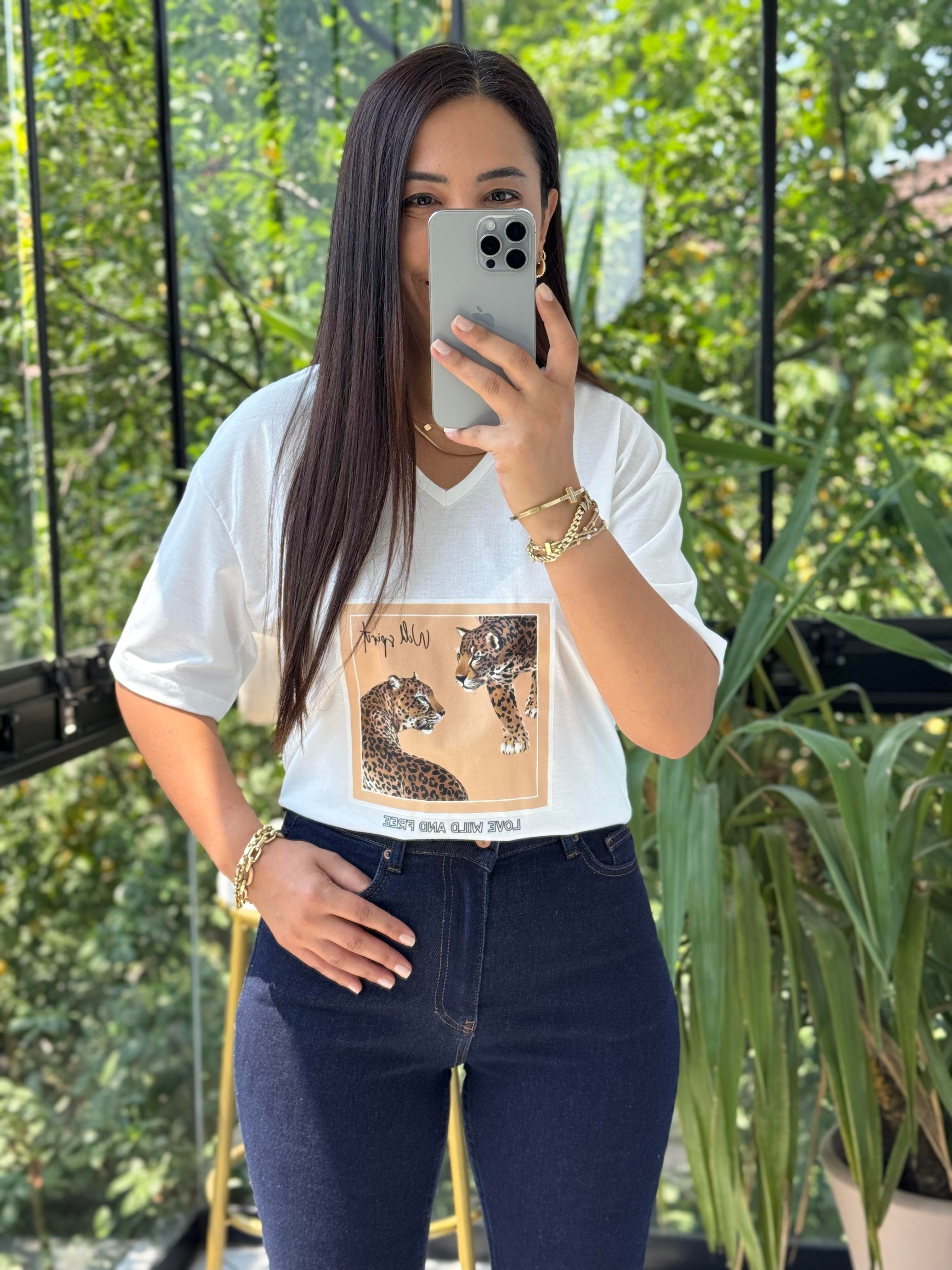 Kaplan Baskılı Tişört Ekru