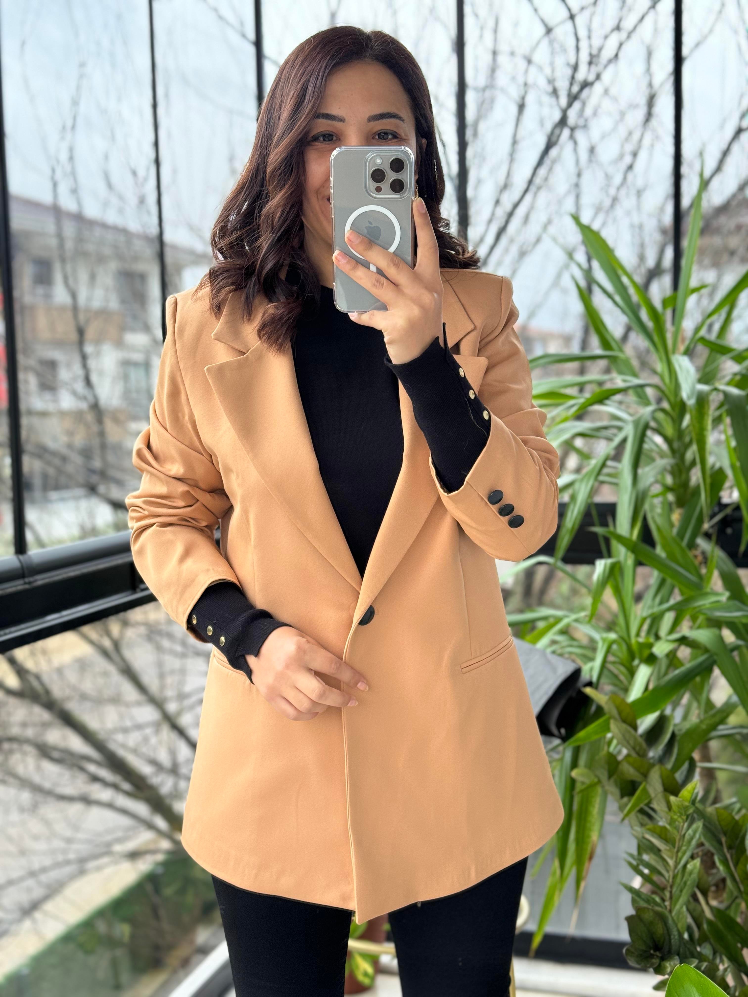 Karamel Tek Düğme Slimfit Blazer Ceket