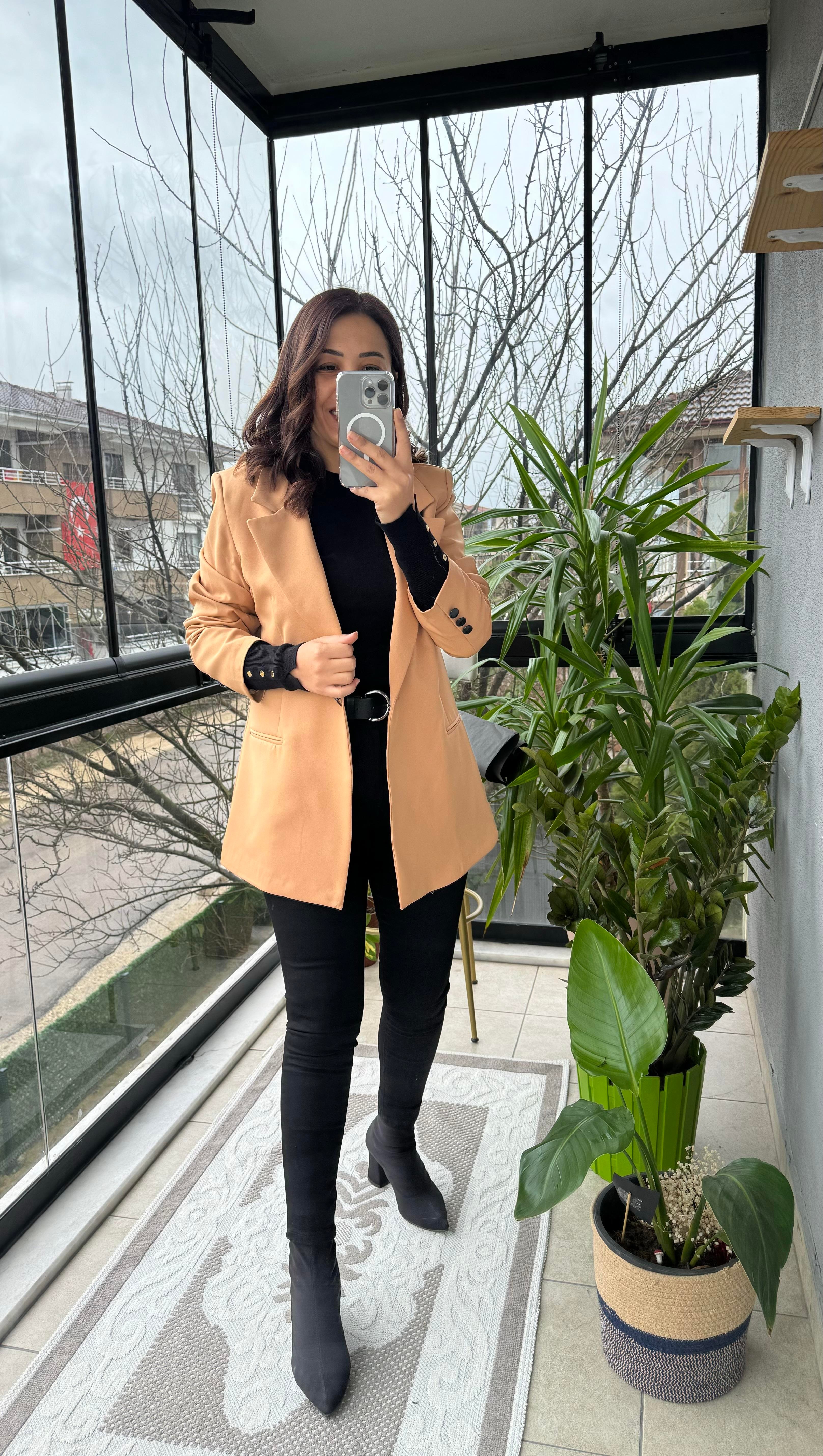 Karamel Tek Düğme Slimfit Blazer Ceket