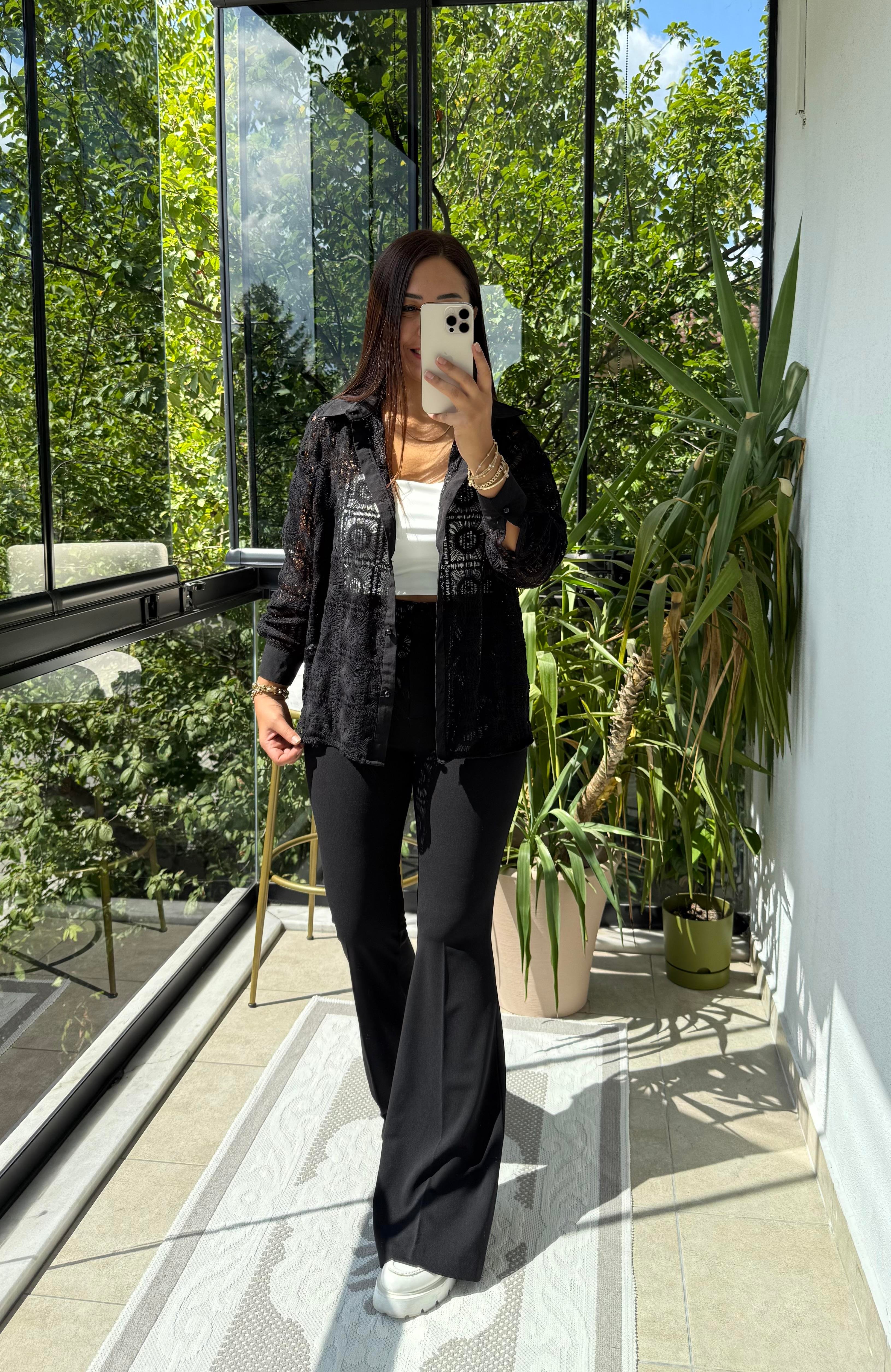 Kare Dantelli Gömlek Siyah