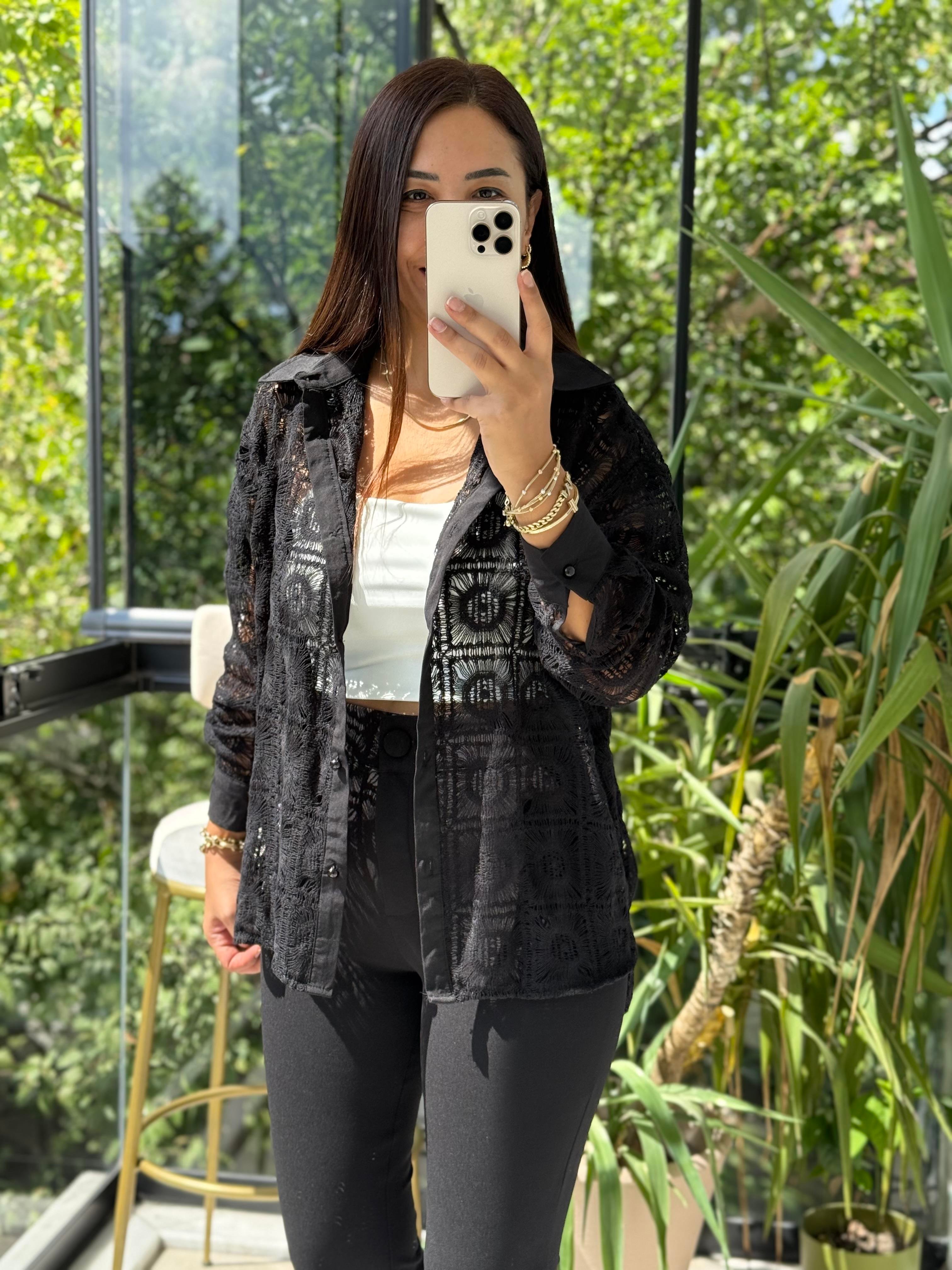 Kare Dantelli Gömlek Siyah