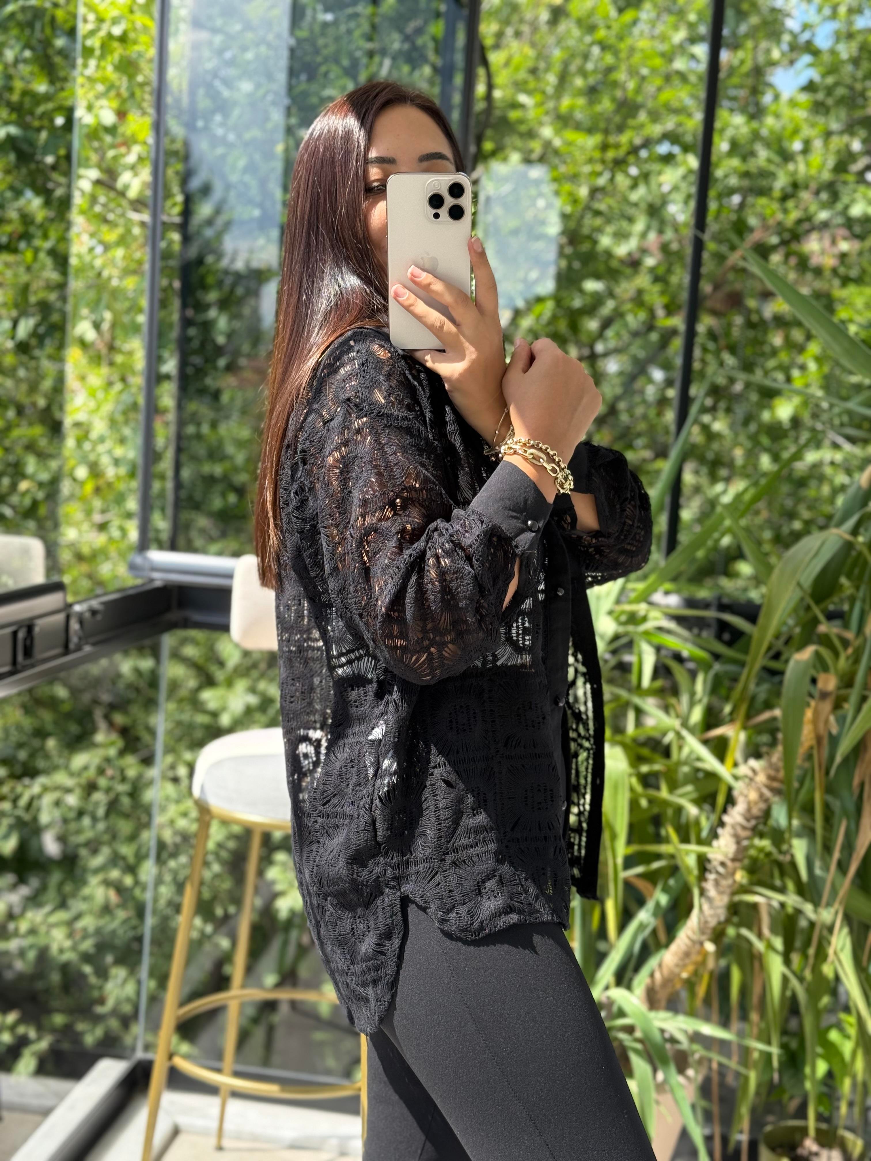 Kare Dantelli Gömlek Siyah